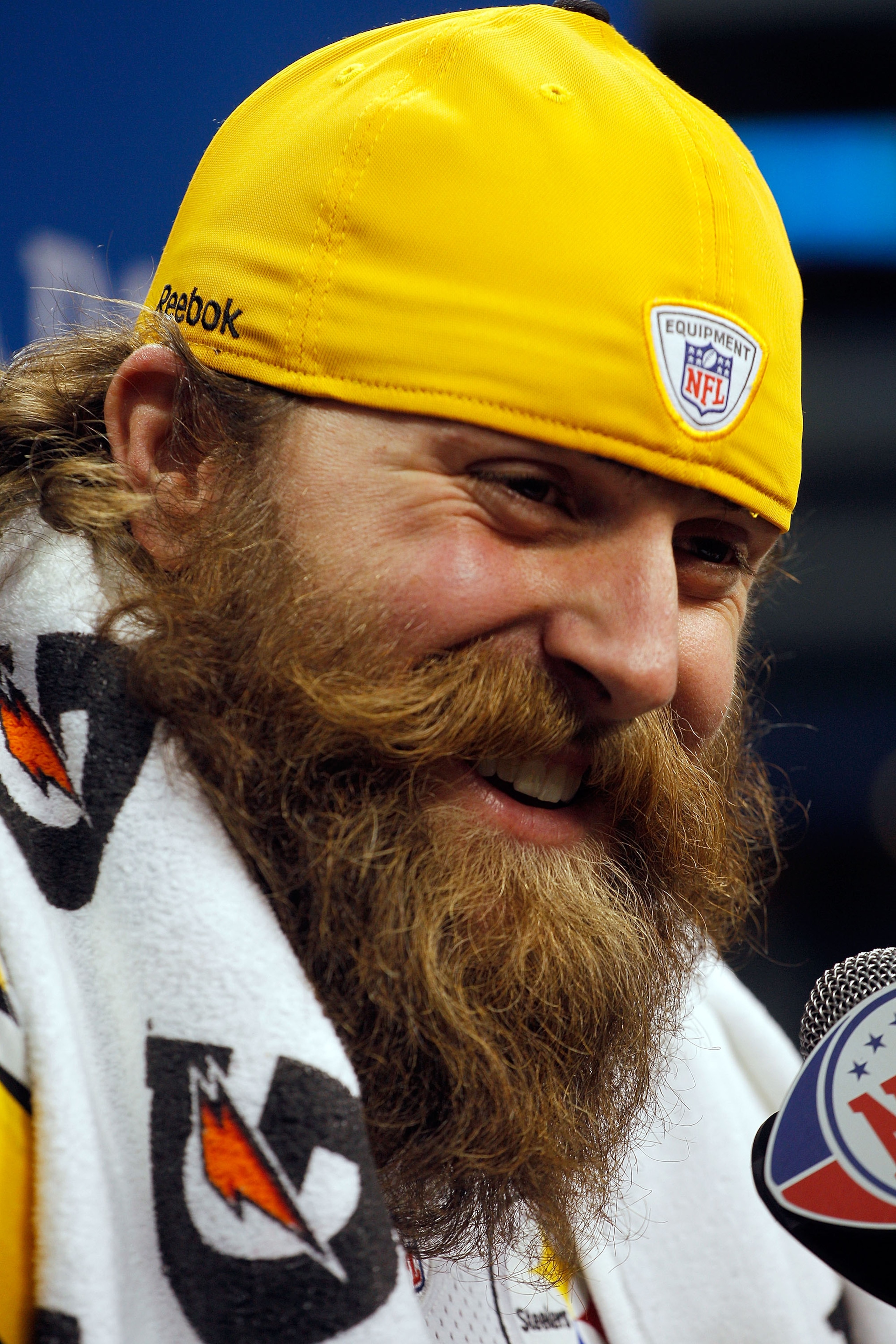 ARLINGTON, TX - FEBRUARY 01:  Brett Keisel #99 of the Pittsburgh Steelers answers questions during Super Bowl XLV Media Day ahead of Super Bowl XLV at Cowboys Stadium on February 1, 2011 in Arlington, Texas. The Pittsburgh Steelers will play the Green Bay