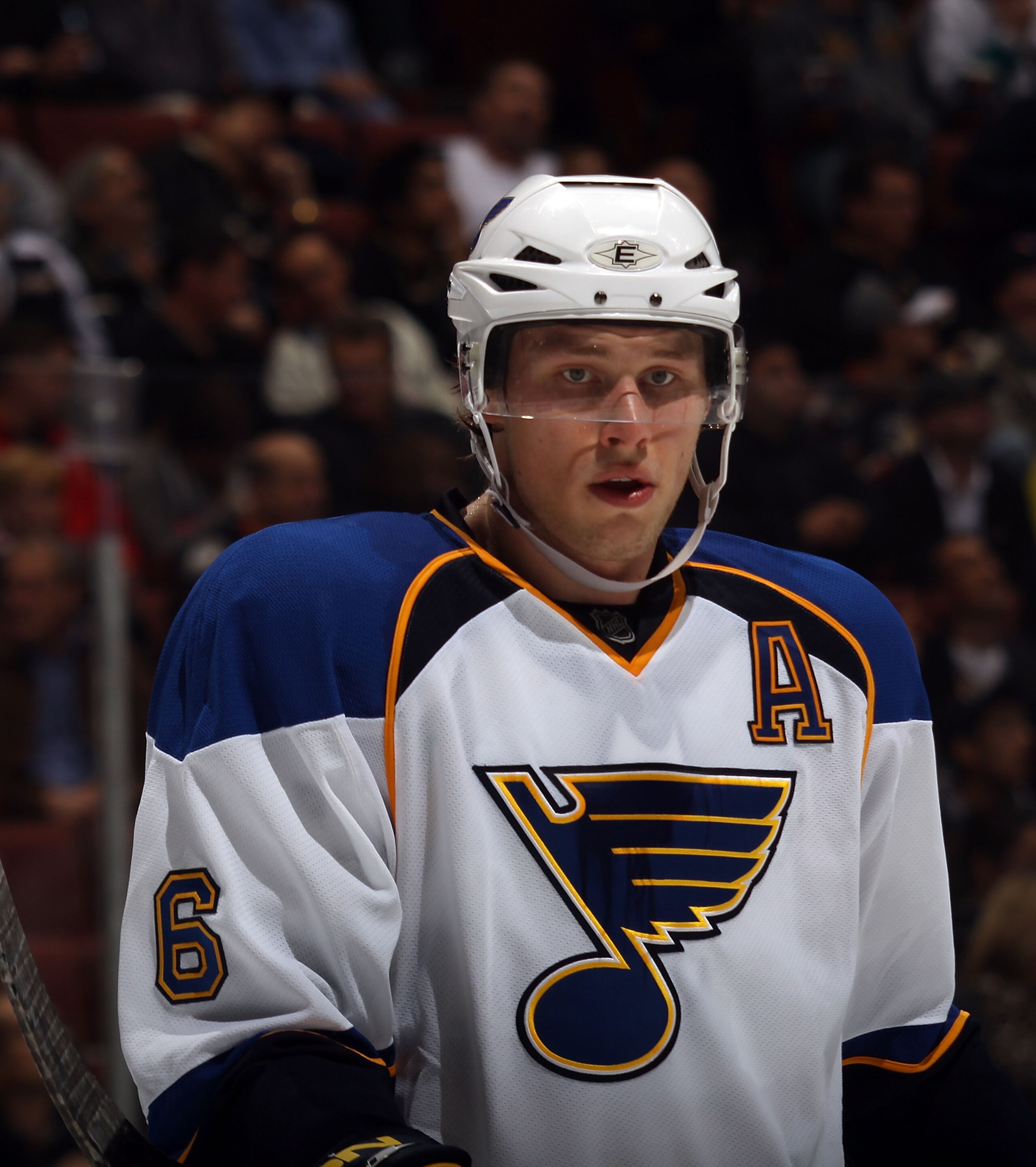 ANAHEIM, CA - JANUARY 12: Erik Johnson #6 of the St. Louis Blues skates against the Anaheim Ducks at the Honda Center on January 12, 2011 in Anaheim, California. (Photo by Bruce Bennett/Getty Images) ANAHEIM, CA - JANUARY 12: Erik Johnson #6 of the St. Louis Blues skates against the Anaheim Ducks at the Honda Center on January 12, 2011 in Anaheim, California. (Photo by Bruce Bennett/Getty Images)