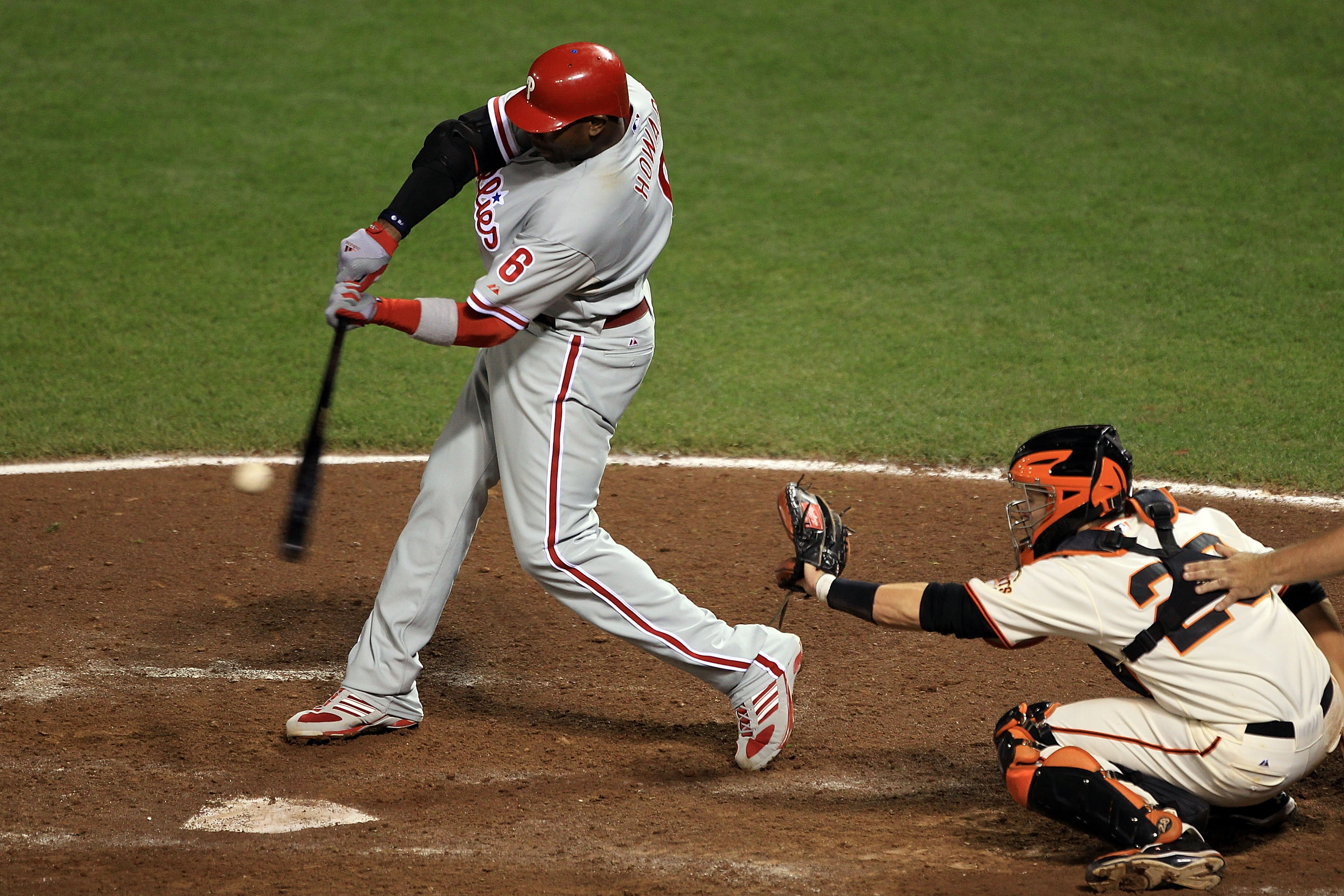 SAN FRANCISCO - OCTOBER 20:  Ryan Howard #6 of the Philadelphia Phillies hits a double off Javier Lopez #49 of the San Francisco Giants in the eighth inning of Game Four of the NLCS during the 2010 MLB Playoffs at AT&T Park on October 20, 2010 in San Fran