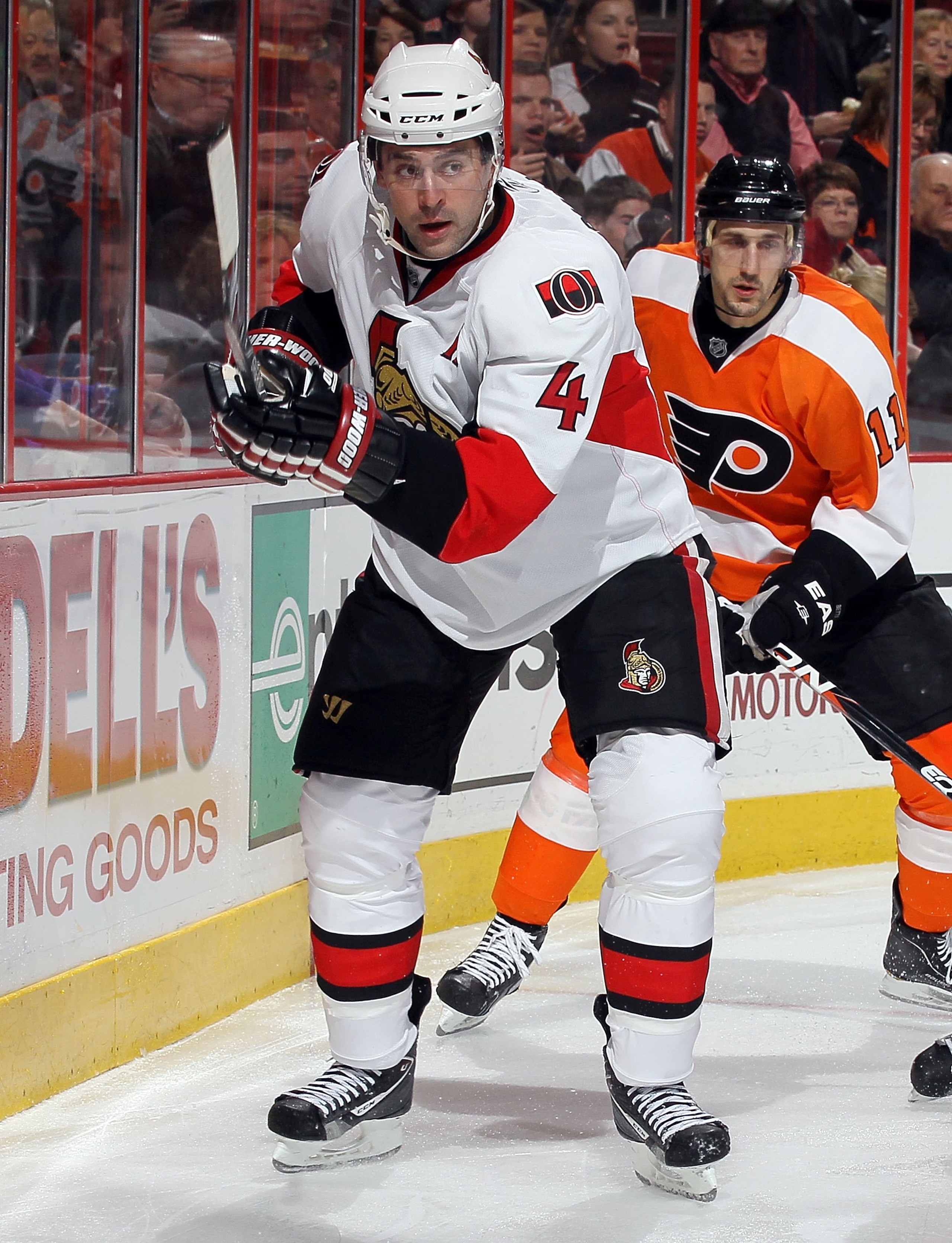 PHILADELPHIA, PA - JANUARY 20: Chris Phillips #4 of the Ottawa Senators skates against the Philadelphia Flyers on January 20, 2011 at Wells Fargo Center in Philadelphia, Pennsylvania. (Photo by Jim McIsaac/Getty Images) PHILADELPHIA, PA - JANUARY 20: Chris Phillips #4 of the Ottawa Senators skates against the Philadelphia Flyers on January 20, 2011 at Wells Fargo Center in Philadelphia, Pennsylvania. (Photo by Jim McIsaac/Getty Images)