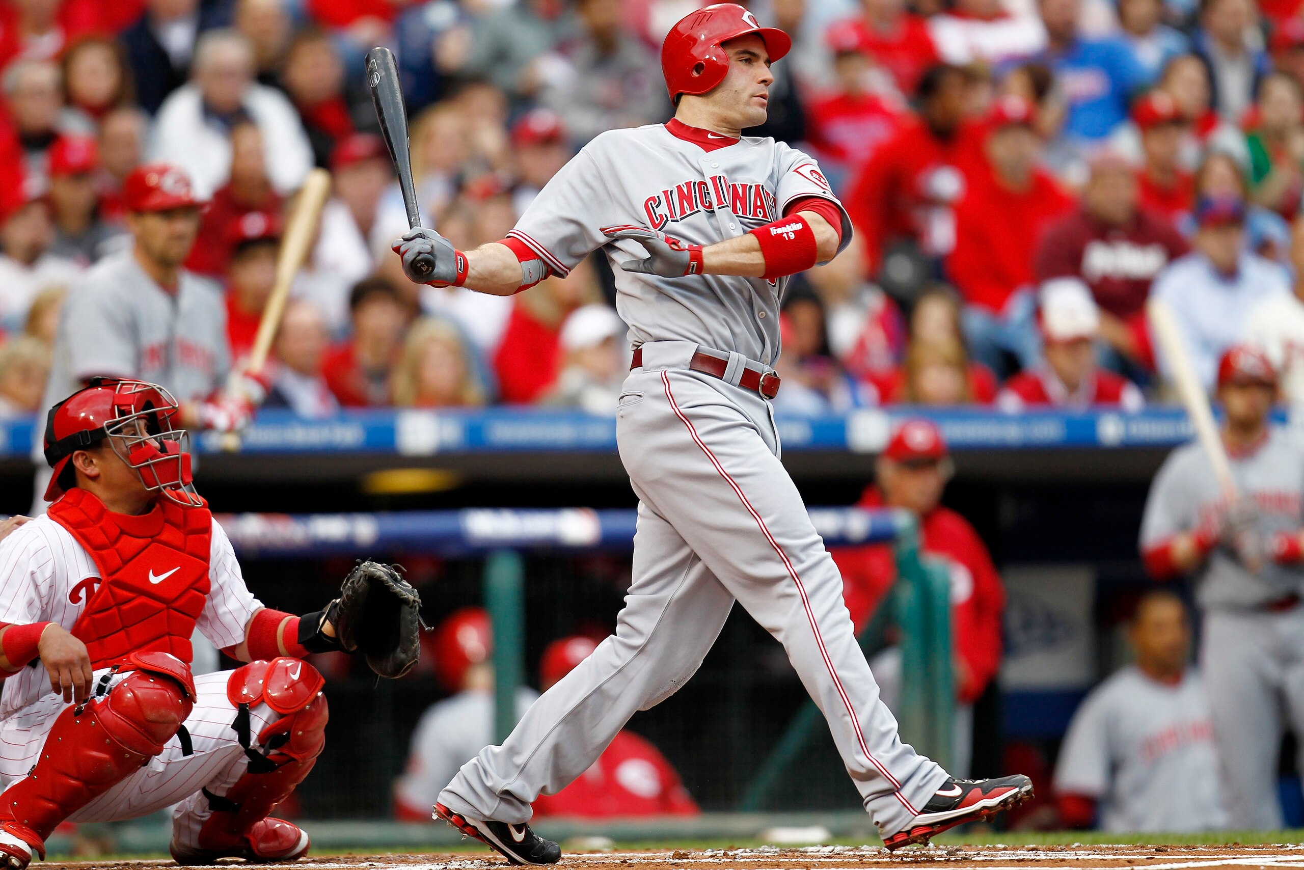 PHILADELPHIA - OCTOBER 06: Joey Votto #19 of the Cincinnati Reds bats in Game 1 of the NLDS against the Philadelphia Phillies at Citizens Bank Park on October 6, 2010 in Philadelphia, Pennsylvania.  (Photo by Jeff Zelevansky/Getty Images)