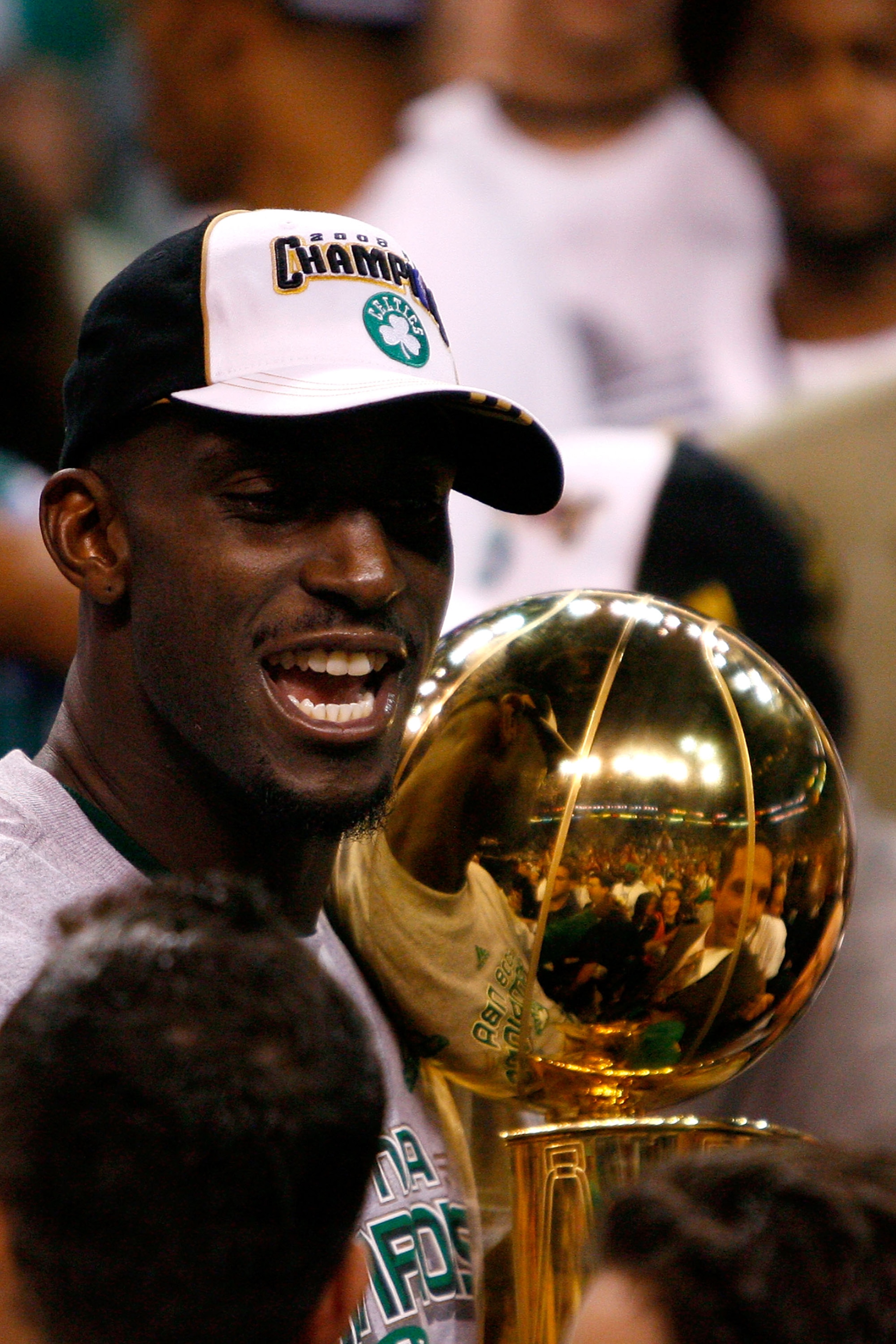 BOSTON - JUNE 17:  Kevin Garnett #5 of the Boston Celtics holds the Larry O'Brien trophy after Game Six of the 2008 NBA Finals against the Los Angeles Lakers on June 17, 2008 at TD Banknorth Garden in Boston, Massachusetts. The Celtics defeated the Lakers