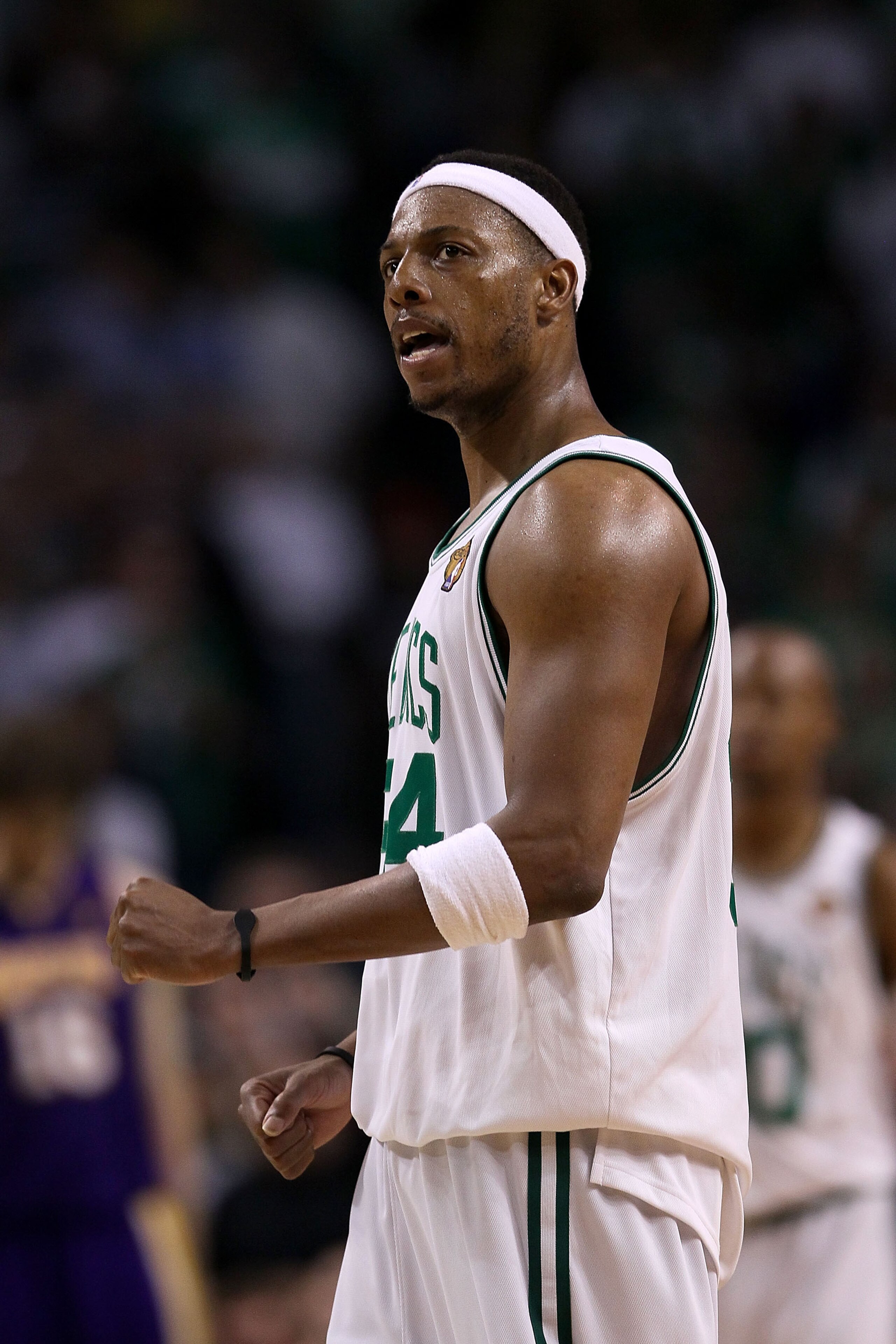 BOSTON - JUNE 13:  Paul Pierce #34 of the Boston Celtics celebrates after a play against the Los Angeles Lakers in the fourth quarter during Game Five of the 2010 NBA Finals on June 13, 2010 at TD Garden in Boston, Massachusetts. NOTE TO USER: User expres
