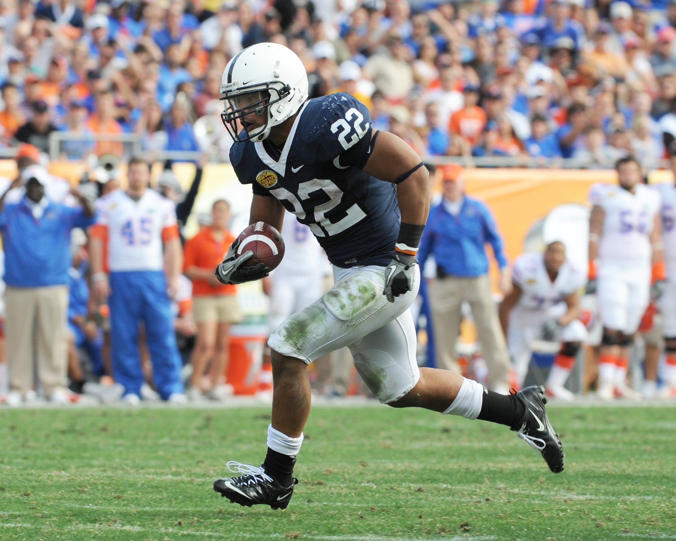 TAMPA, FL - JANUARY 1: Running back Evan Royster #22 of the Penn State Nittany Lions rushes upfield against the Florida Gators January 1, 2011 in the 25th Outback Bowl at Raymond James Stadium in Tampa, Florida. (Photo by Al Messerschmidt/Getty Images) TAMPA, FL - JANUARY 1: Running back Evan Royster #22 of the Penn State Nittany Lions rushes upfield against the Florida Gators January 1, 2011 in the 25th Outback Bowl at Raymond James Stadium in Tampa, Florida. (Photo by Al Messerschmidt/Getty Images)