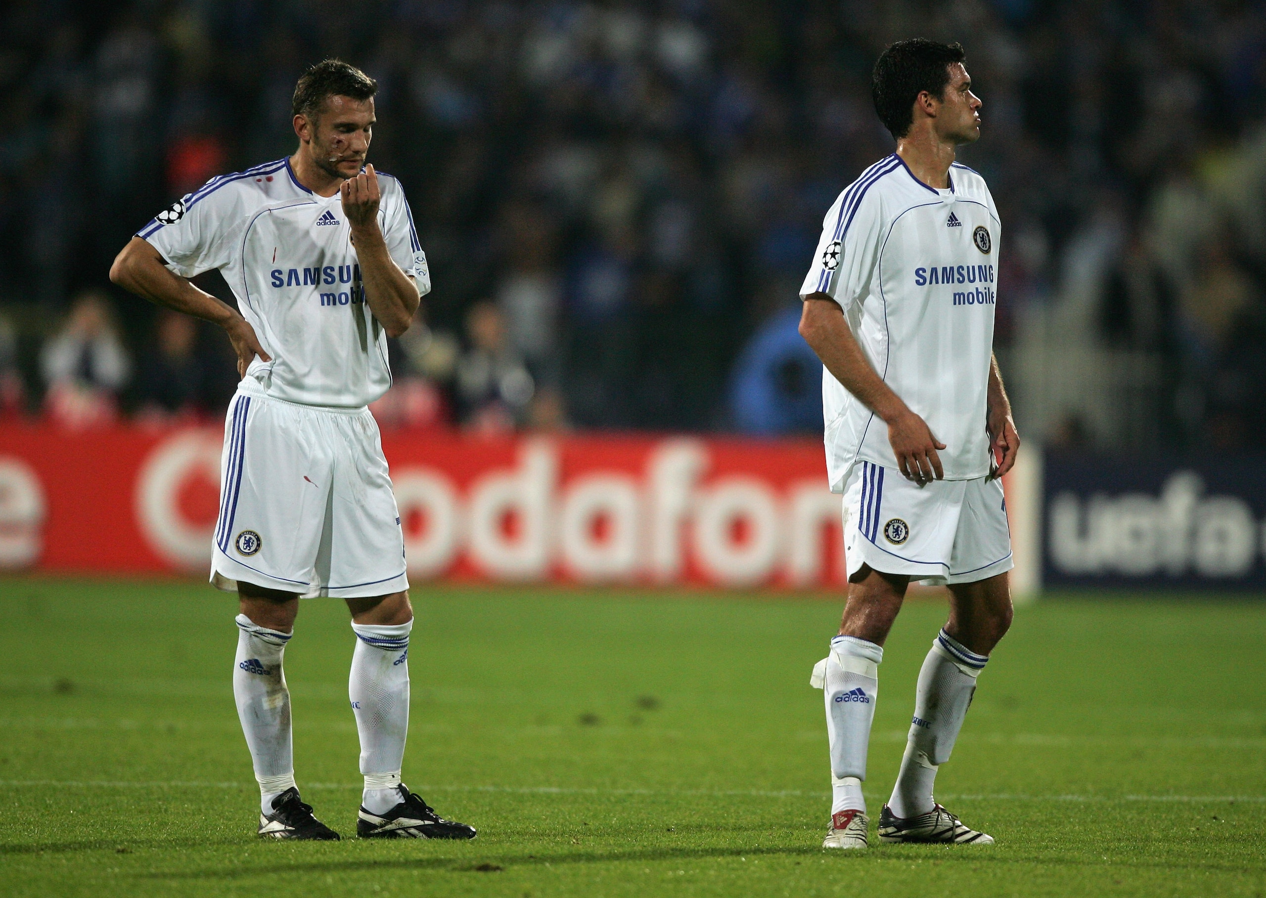 SOFIA, BULGARIA - SEPTEMBER 27: Andriy Shevchenko (left) and Michael Ballack (right) of Chelsea during the UEFA Champions League Group A  match between Levski Sofia and Chelsea at Stadium Vasil Levski  on September 27, 2006 in Sofia, Bulgariad. (Photo by