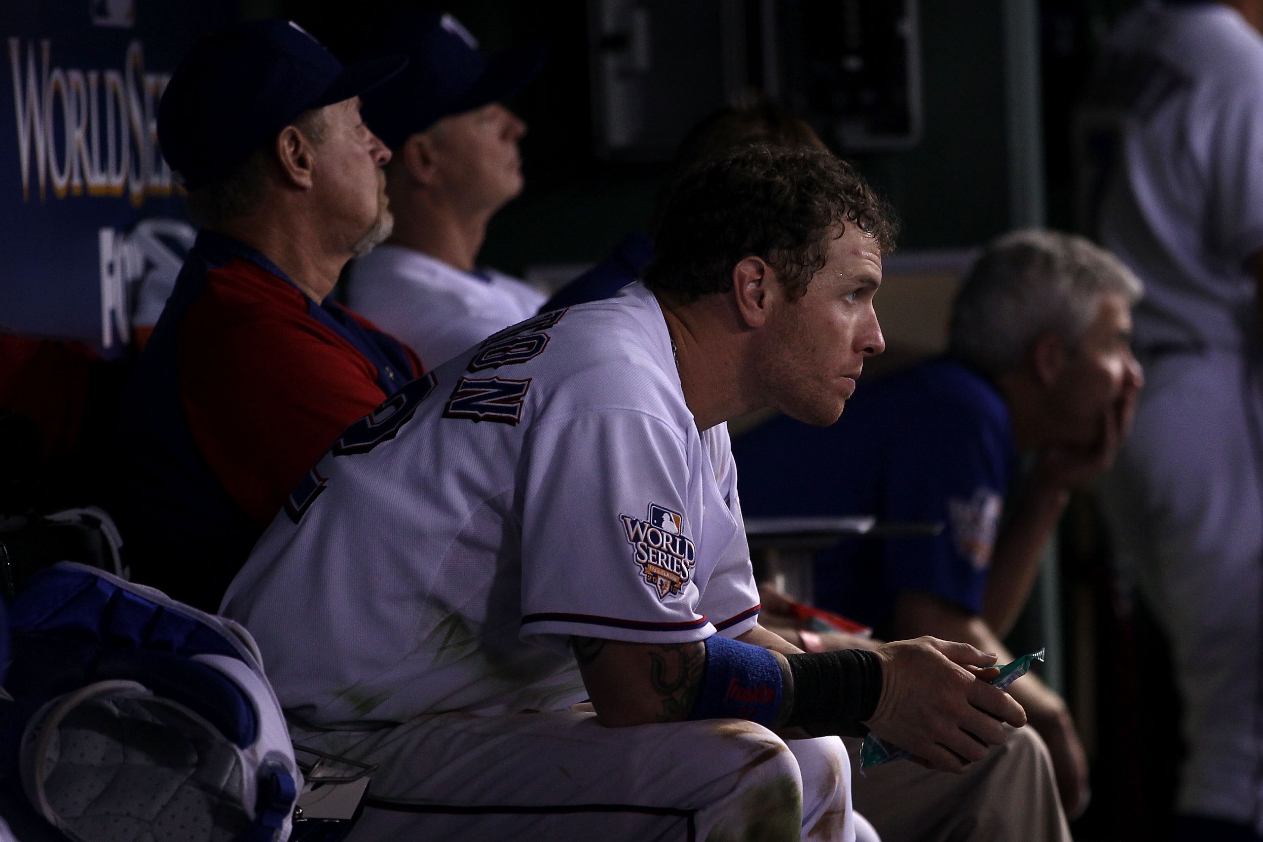 ARLINGTON, TX - OCTOBER 31:  Josh Hamilton #32 of the Texas Rangers looks on dejected from the dugout late in the game against the San Francisco Giants in Game Four of the 2010 MLB World Series at Rangers Ballpark in Arlington on October 31, 2010 in Arlin