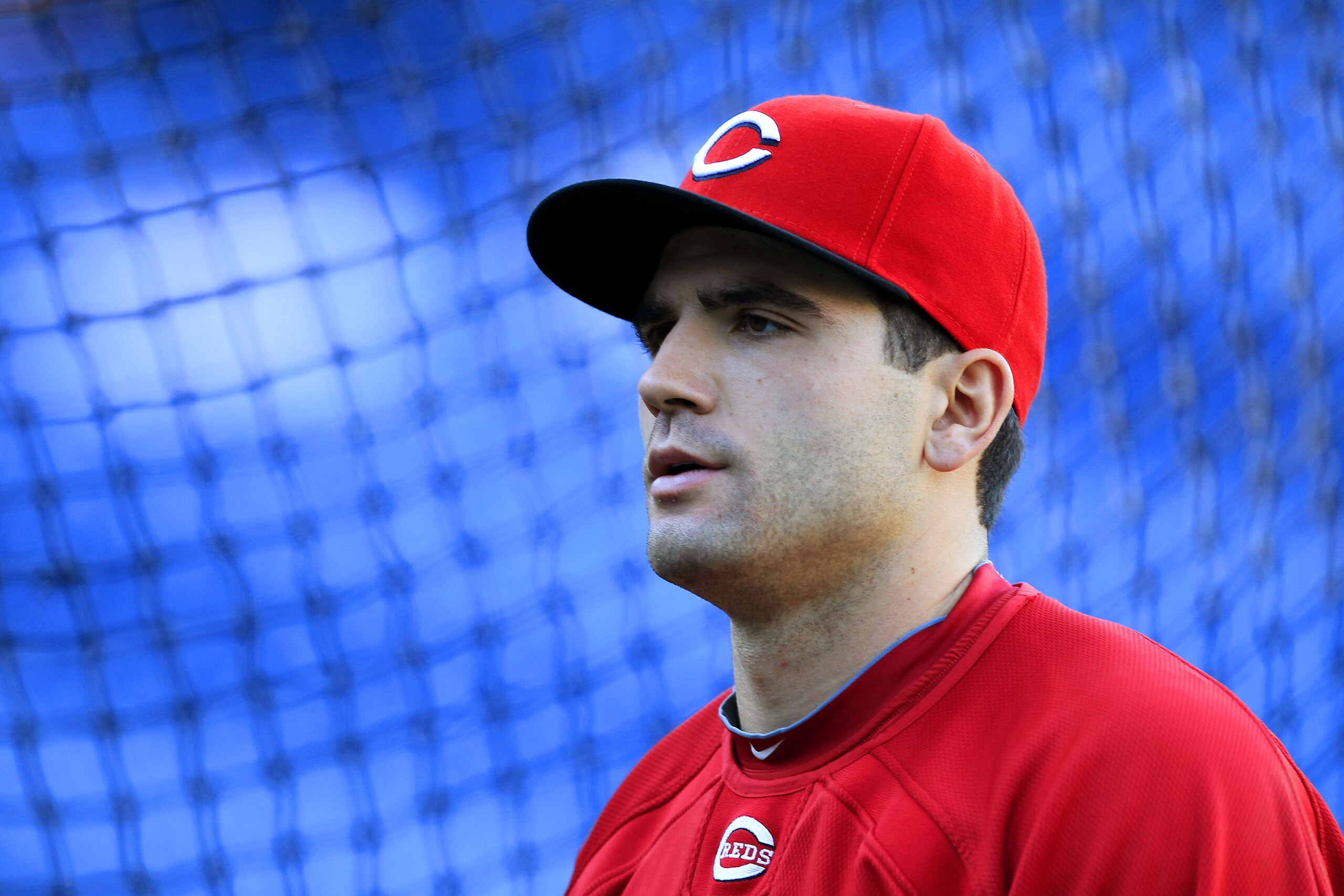 PHILADELPHIA - OCTOBER 08: Joey Votto #19 of the Cincinnati Reds takes batting practice before game 2 of the NLDS against the Philadelphia Phillies at Citizens Bank Park on October 8, 2010 in Philadelphia, Pennsylvania.  (Photo by Chris Trotman/Getty Imag