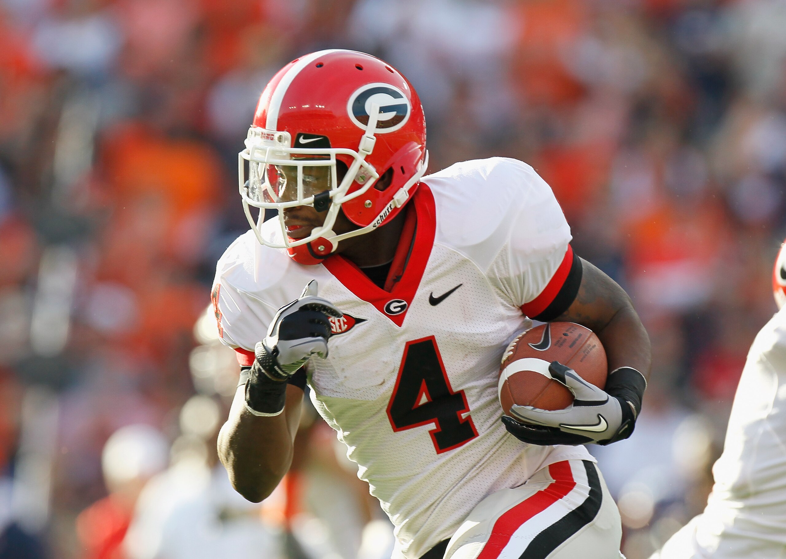 AUBURN, AL - NOVEMBER 13:  Caleb King #4 of the Georgia Bulldogs against the Auburn Tigers at Jordan-Hare Stadium on November 13, 2010 in Auburn, Alabama.  (Photo by Kevin C. Cox/Getty Images)