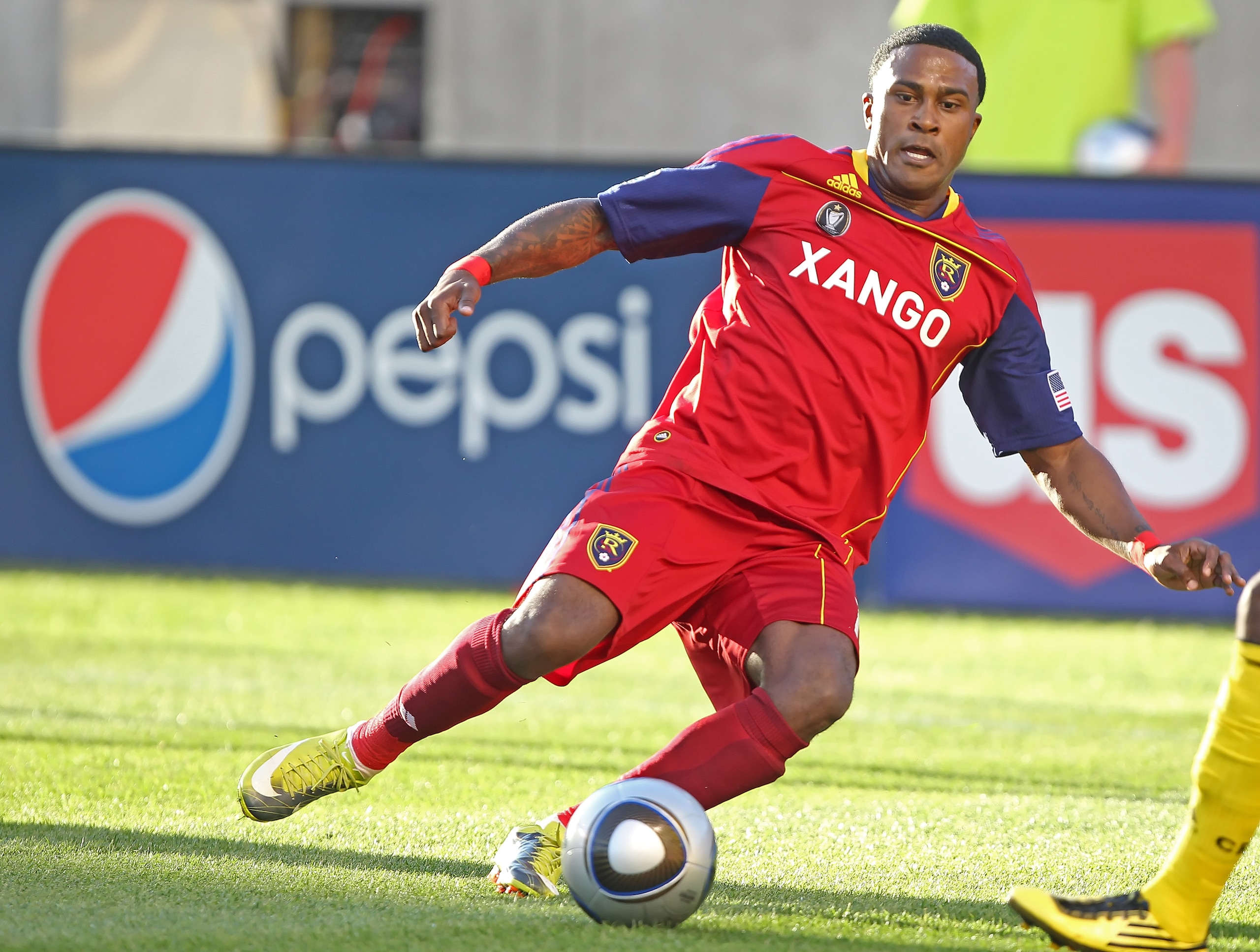 SANDY, UT - AUGUST 14: Robbie Findley #10 of Real Salt Lake goes after the ball during a game against the Columbus Crew during the first half of an MLS soccer game August 14, 2010 at Rio Tinto Stadium in Sandy, Utah. (Photo by George Frey/Getty Images)