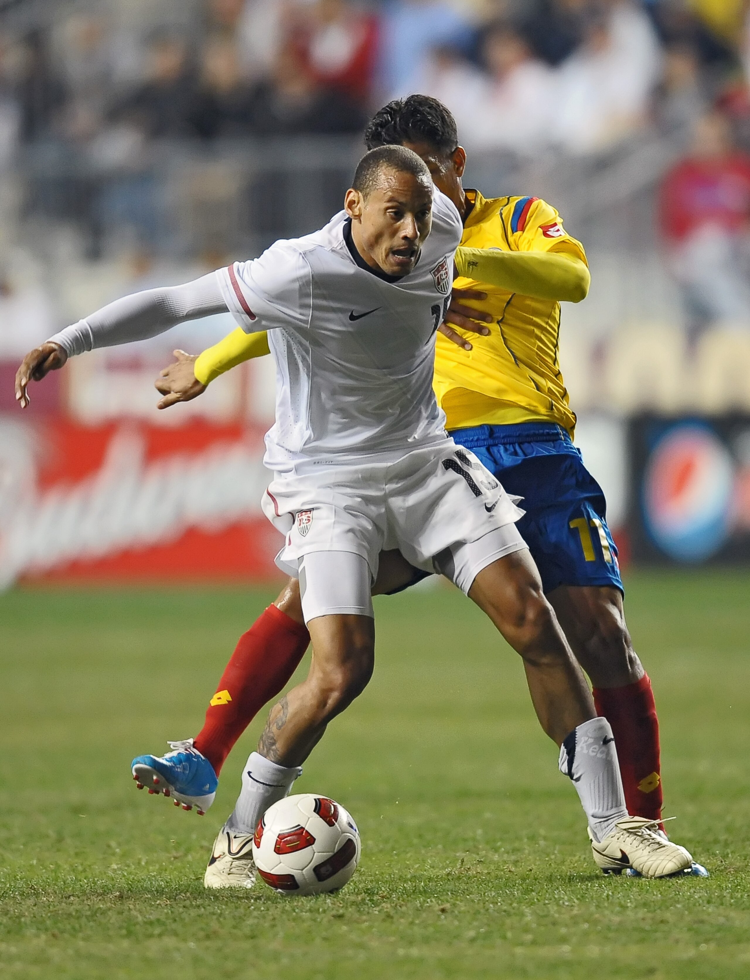 CHESTER, PA - OCTOBER 12: Jermaine Jones #15 of the United States fights off Teofilo Gutierrez #11 of Colombia at PPL Park on October 12, 2010 in Chester, Pennsylvania. The game ended in a 0-0 tie. (Photo by Drew Hallowell/Getty Images)