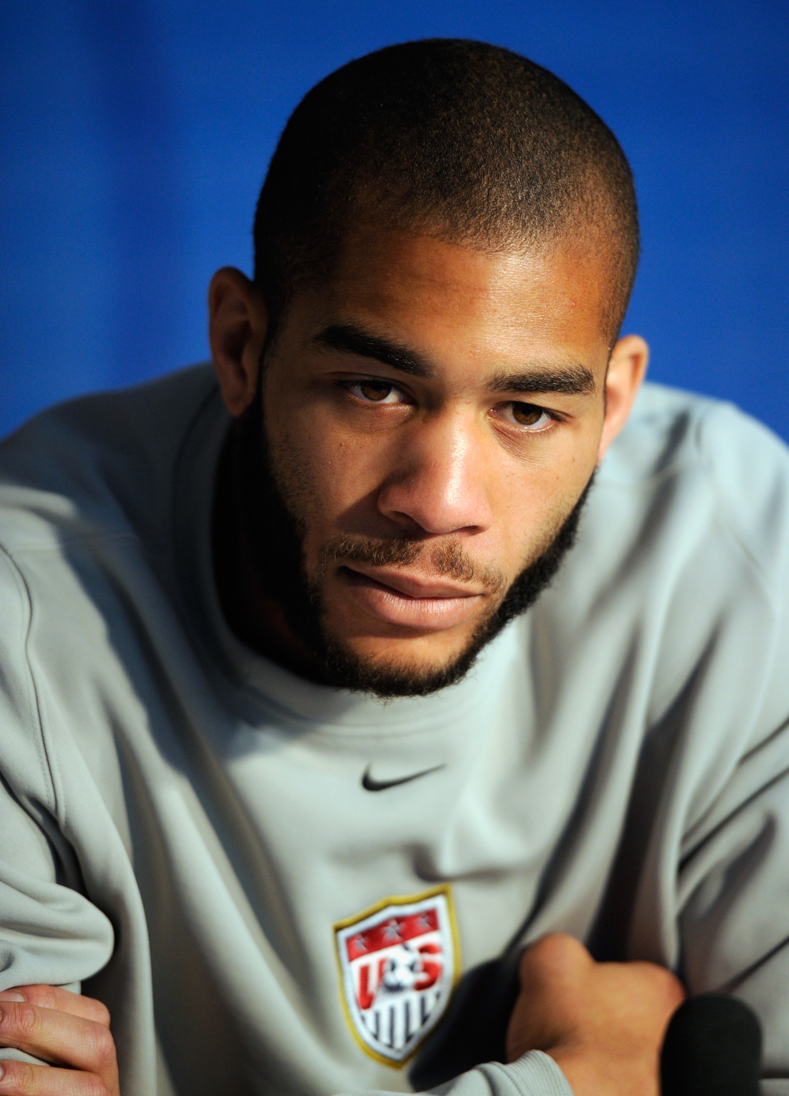 PRETORIA, SOUTH AFRICA - JUNE 08:  Oguchi Onyewu of USa national football team speaks during a news conference at Irene Farm on June 8, 2010 in Irene near Pretoria, South Africa.  (Photo by Kevork Djansezian/Getty Images)