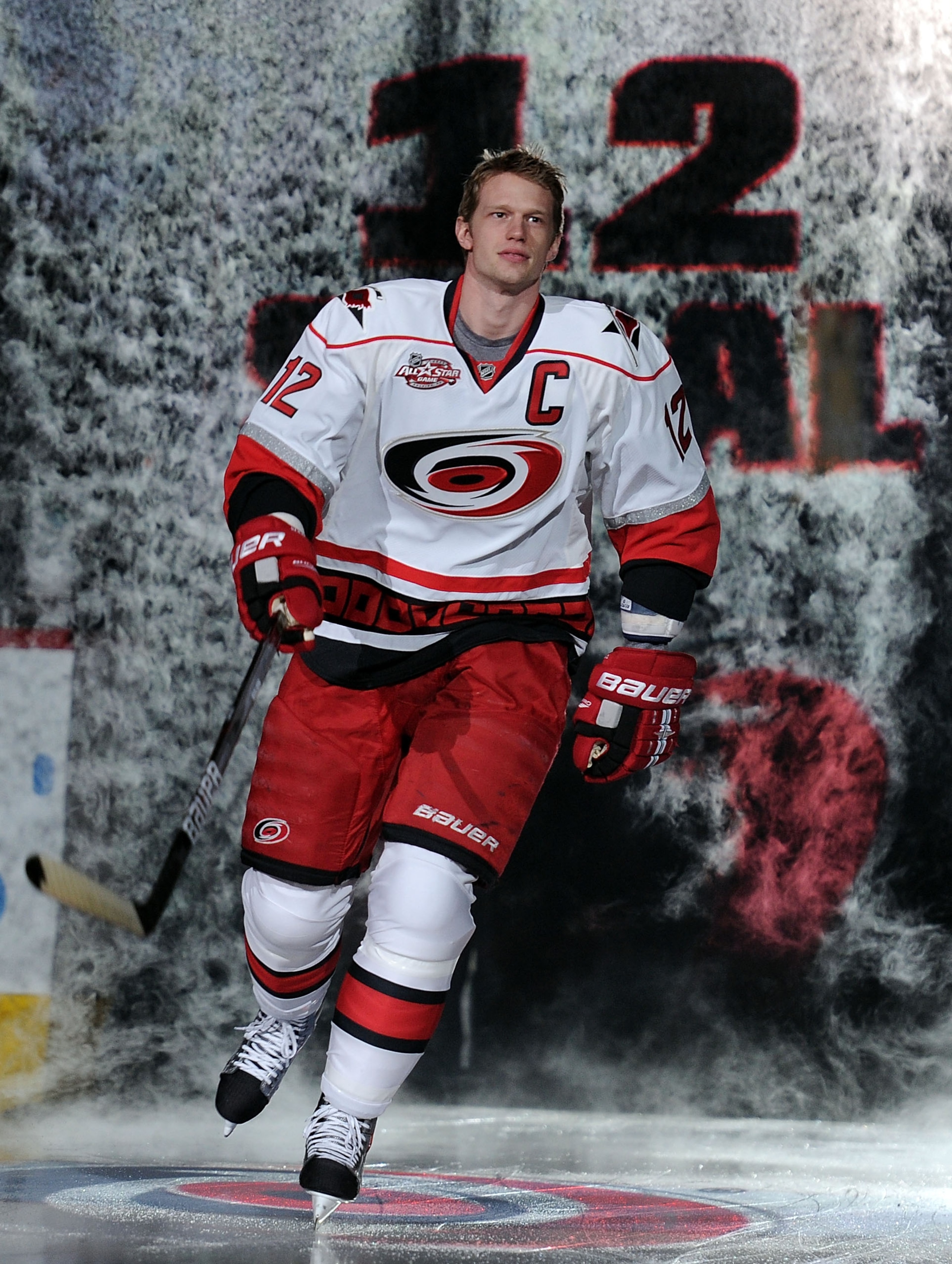 RALEIGH, NC - JANUARY 29:  Eric Staal #12 of the Carolina Hurricanes is introduced during the Honda NHL SuperSkills competition part of 2011 NHL All-Star Weekend at the RBC Center on January 29, 2011 in Raleigh, North Carolina.  (Photo by Harry How/Getty