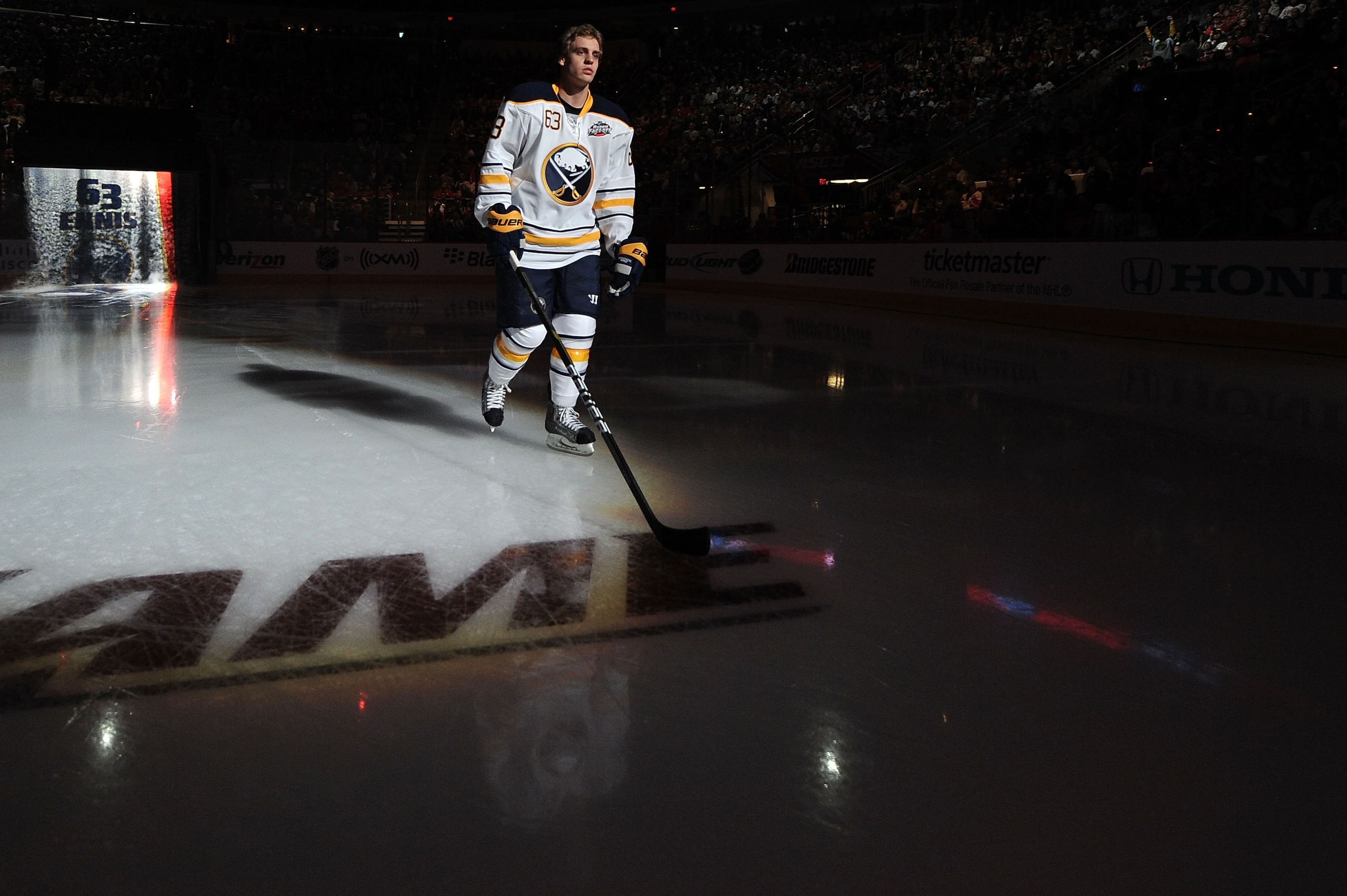 RALEIGH, NC - JANUARY 29:  Tyler Ennis #63 of the Buffalo Sabres is introduced during the Honda NHL SuperSkills competition part of 2011 NHL All-Star Weekend at the RBC Center on January 29, 2011 in Raleigh, North Carolina.  (Photo by Harry How/Getty Imag