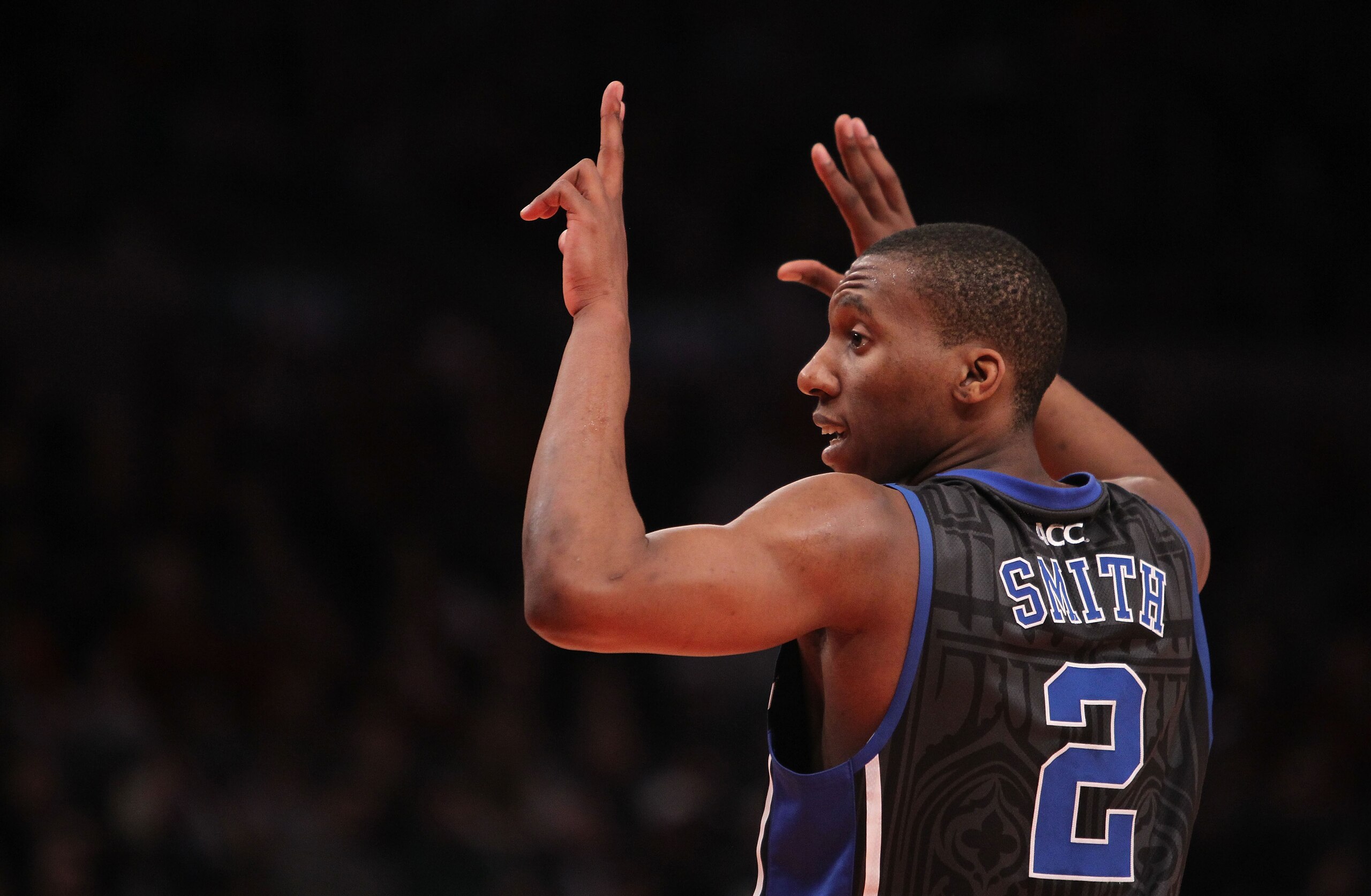NEW YORK, NY - JANUARY 30: Nolan Smith #2 of the Duke Blue Devils gestures against the St. John's Blue Devils at Madison Square Garden on January 30, 2011 in New York City.  (Photo by Nick Laham/Getty Images)