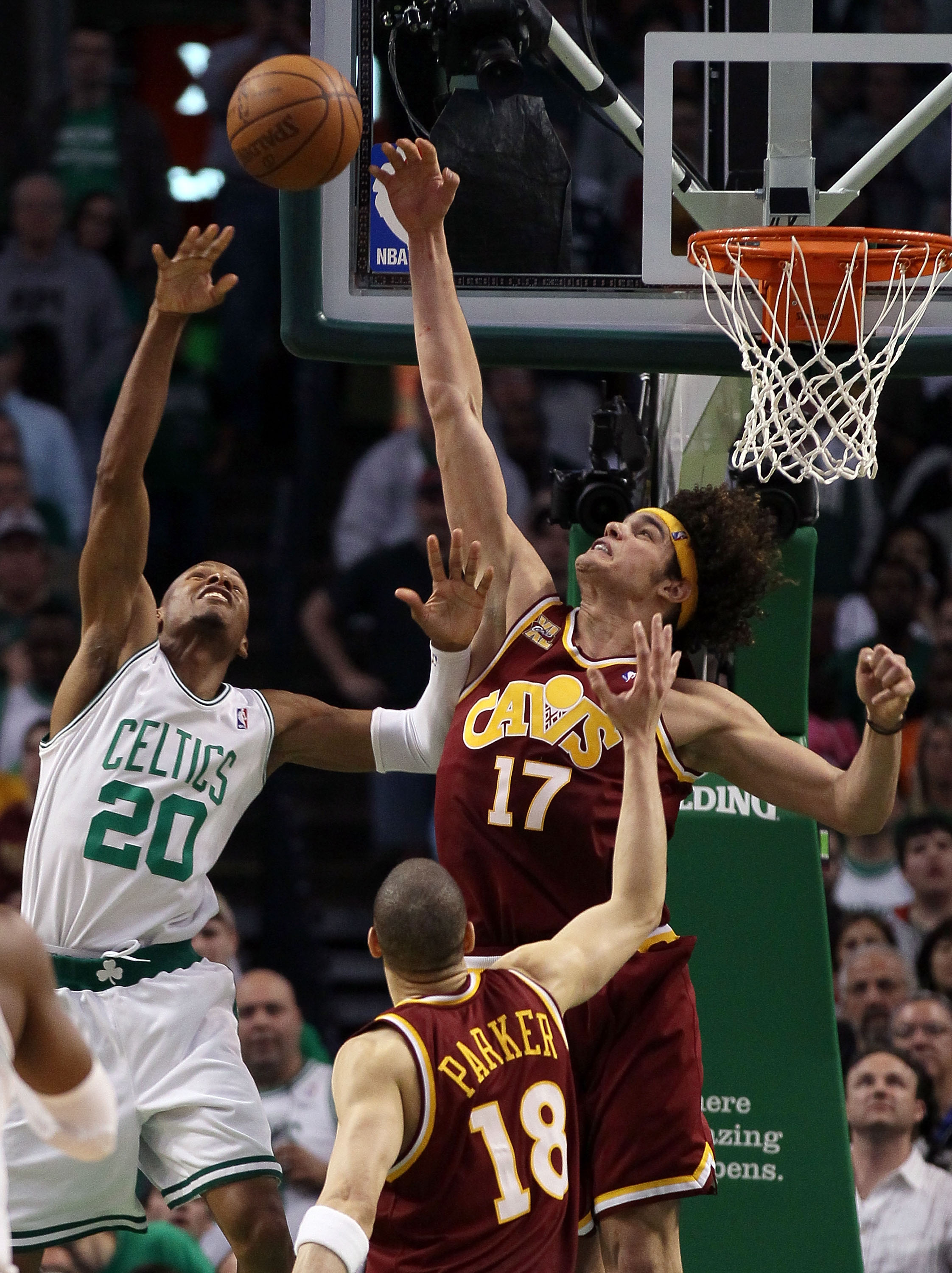 BOSTON - MAY 09:  Anderson Varejao #17 of the Cleveland Cavaliers tries to block Ray Allen #20 of the Boston Celtics during Game Four of the Eastern Conference Semifinals of the 2010 NBA playoffs at TD Garden on May 9, 2010 in Boston, Massachusetts. The C