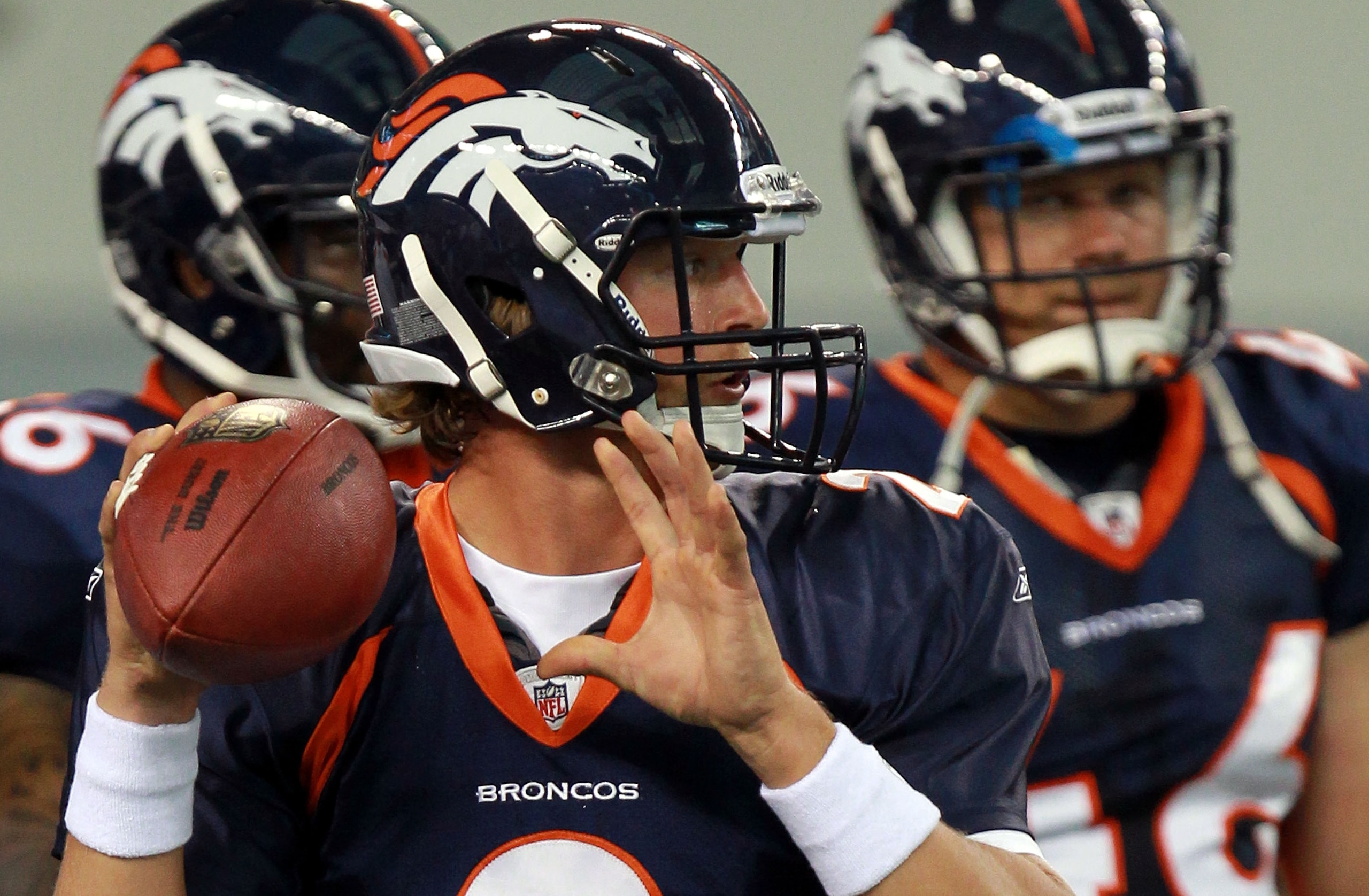 ARLINGTON, TX - AUGUST 11:  Adam Weber #2 of the Denver Broncos at Cowboys Stadium on August 11, 2011 in Arlington, Texas.  (Photo by Ronald Martinez/Getty Images)