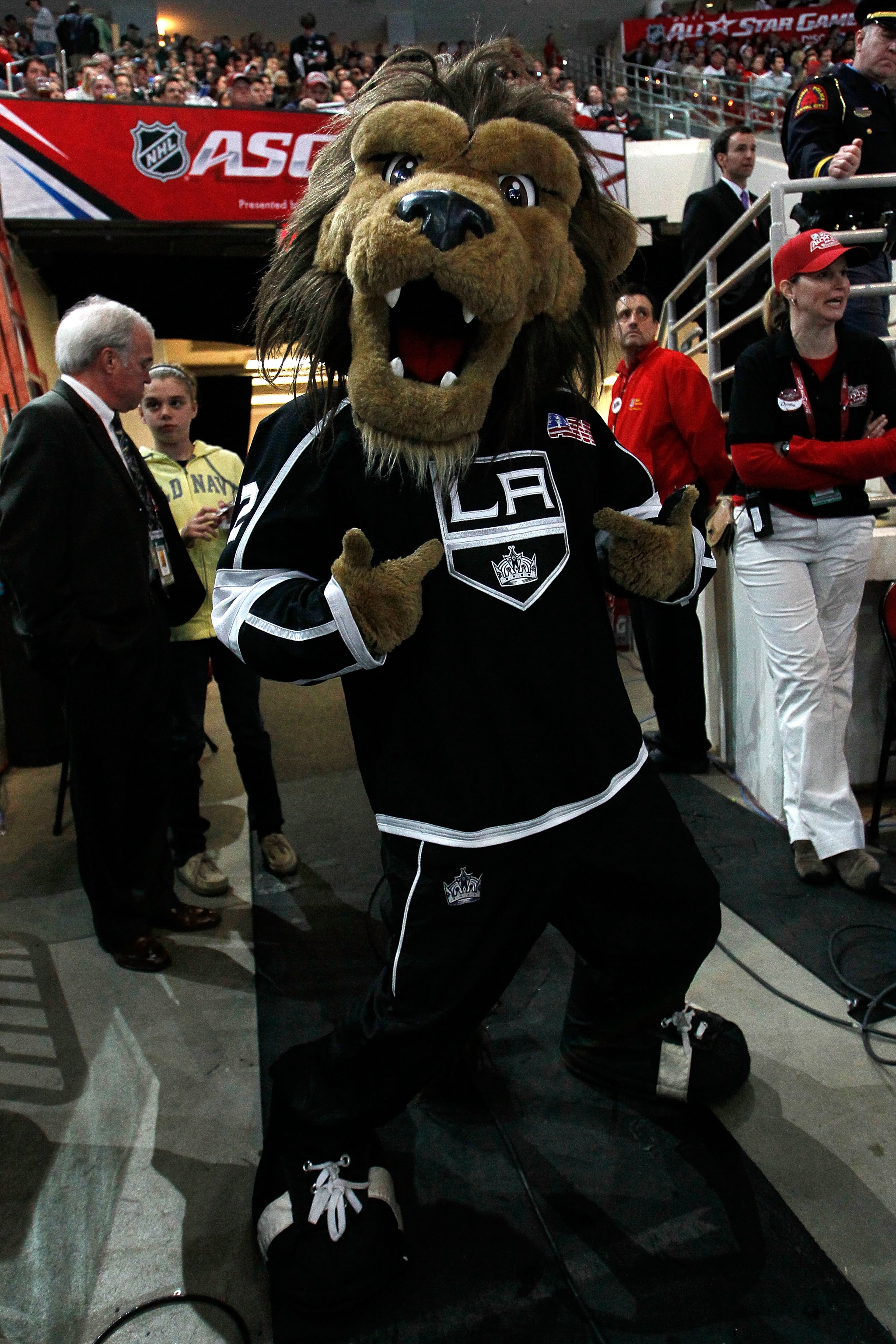 RALEIGH, NC - JANUARY 29:  Bailey, the Los Angeles Kings mascot, poses during the Honda NHL SuperSkills competition part of 2011 NHL All-Star Weekend at the RBC Center on January 29, 2011 in Raleigh, North Carolina.  (Photo by Kevin C. Cox/Getty Images)