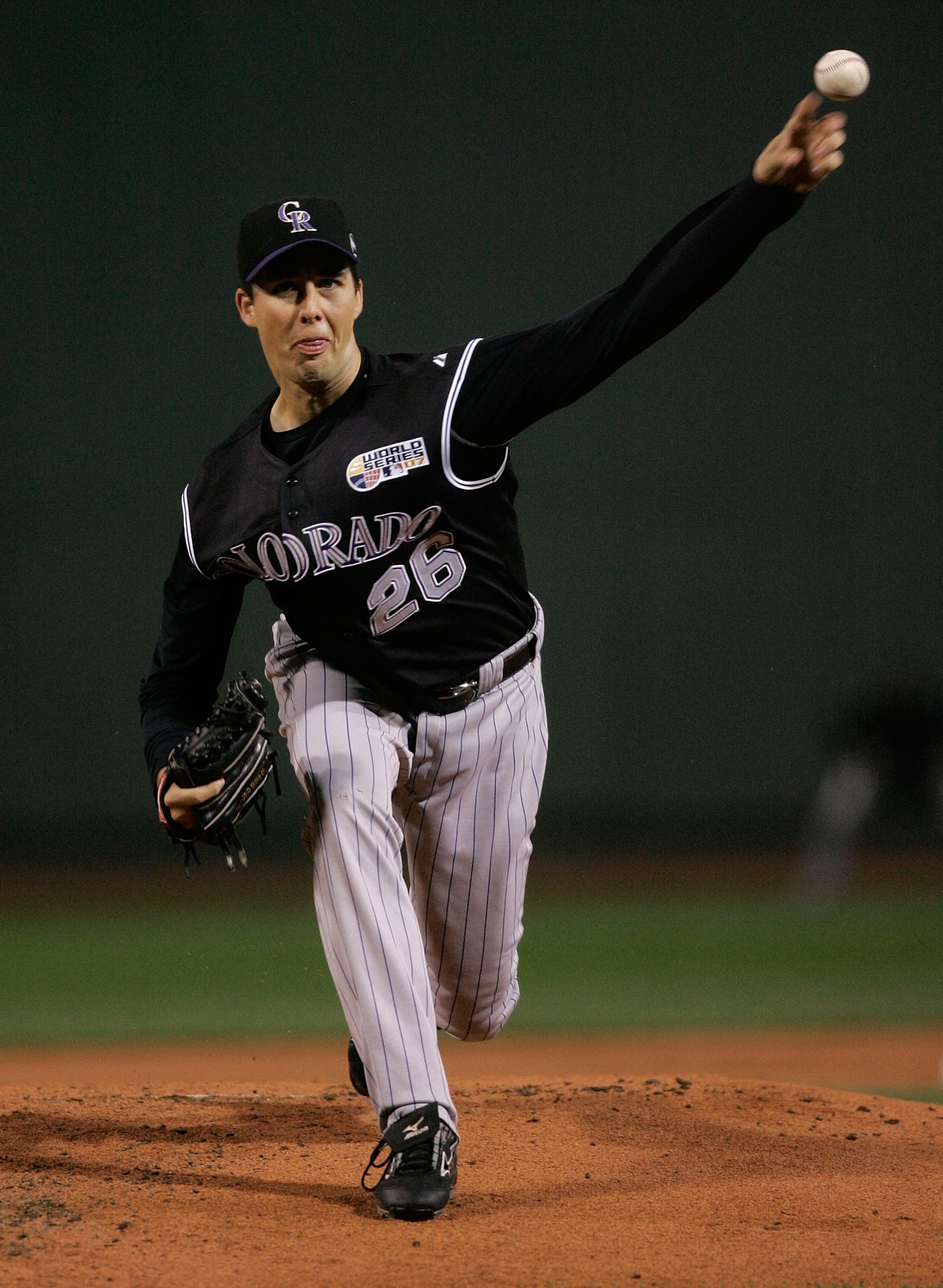 BOSTON - OCTOBER 24:  Starting pitcher Jeff Francis #26 of the Colorado Rockies deals against the Boston Red Sox during Game One of the 2007 Major League Baseball World Series at Fenway Park on October 24, 2007 in Boston, Massachusetts.  (Photo by Elise A