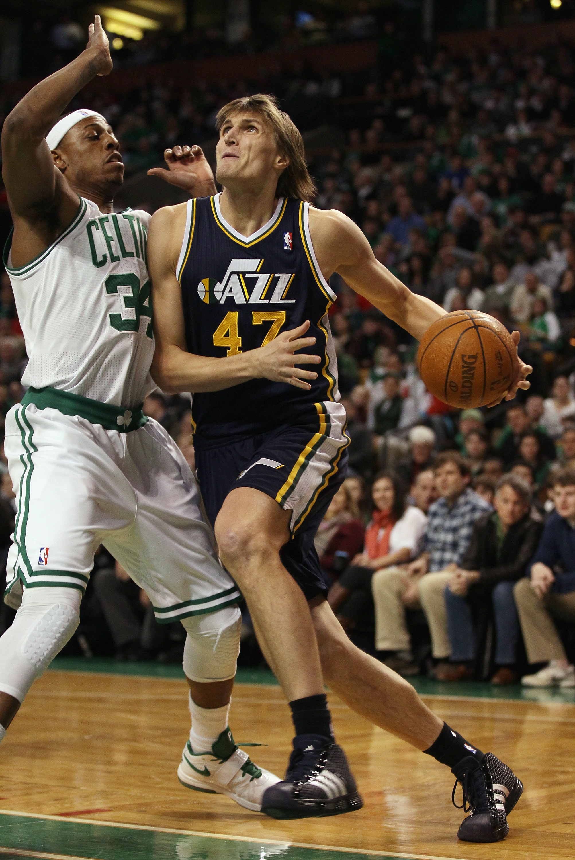 BOSTON, MA - JANUARY 21:  Andrei Kirilenko #47 of the Utah Jazz heads for the basket as Paul Pierce #34 of the Boston Celtics defends on January 21, 2011 at the TD Garden in Boston, Massachusetts.  NOTE TO USER: User expressly acknowledges and agrees that