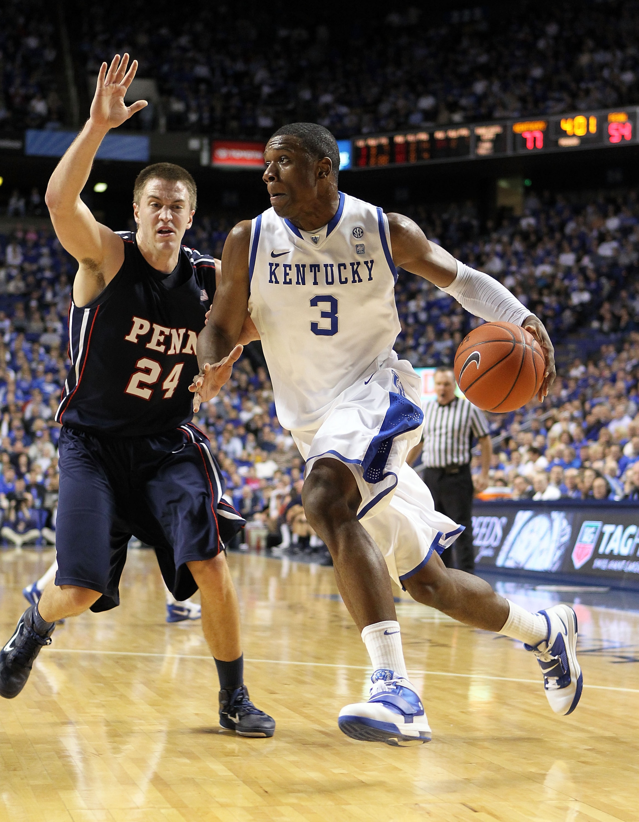 LEXINGTON, KY - JANUARY 03: Terrence Jones #3 of the Kentucky Wildcats dribbles the ball while defended by Jack Eggleston #24 of the Penn Quakers at Rupp Arena on January 3, 2011 in Lexington, Kentucky.  Kentucky won 86-62.  (Photo by Andy Lyons/Getty Ima