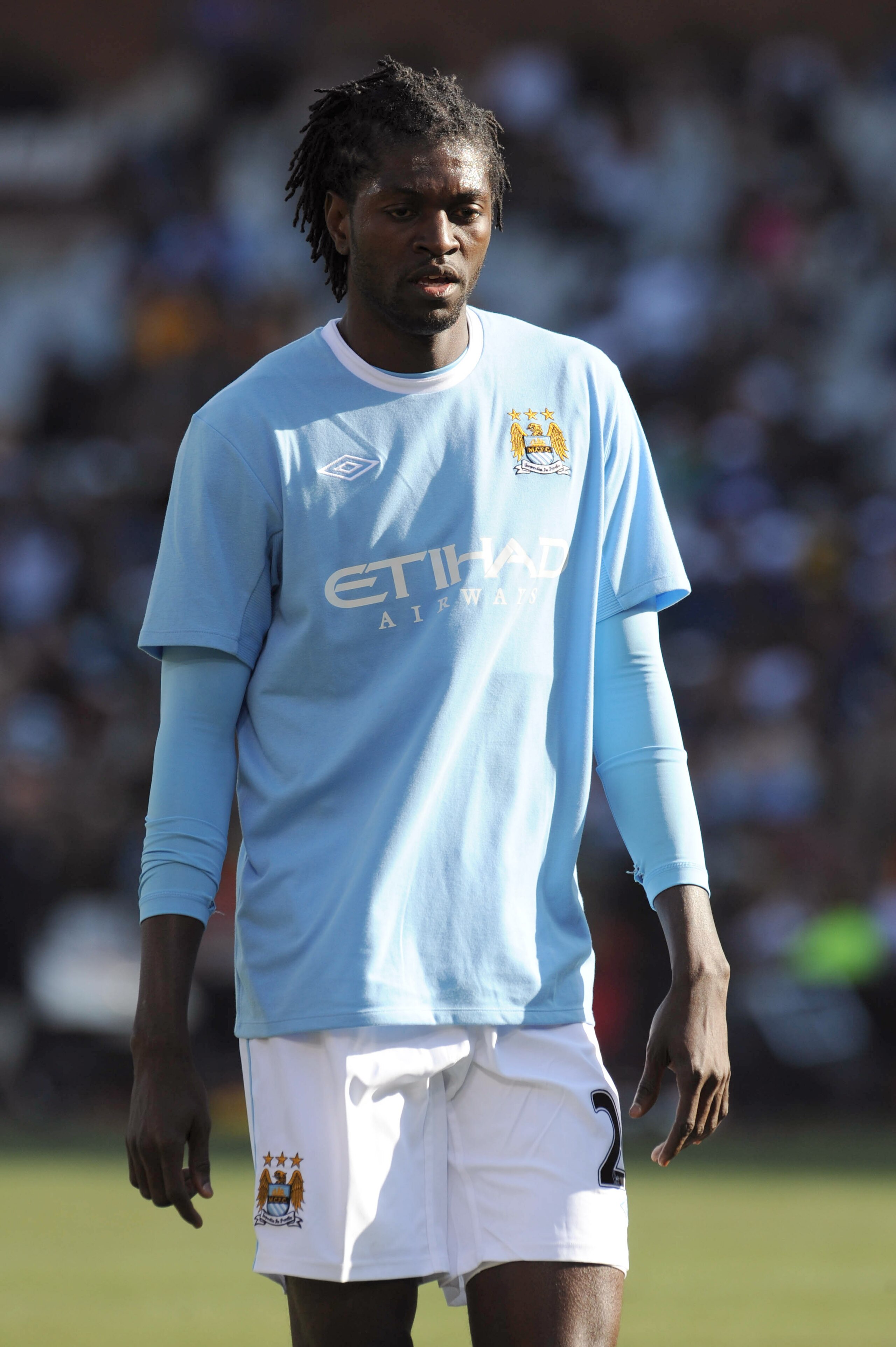 PRETORIA, SOUTH AFRICA - JULY 25: Emanuel Adebayor of Manchester City looks on during the final of the 2009 Vodacom Challenge match between Kaizer Chiefs and Manchester City from Loftus Versfeld Stadium on July 25, 2009 in Pretoria, South Africa. (Photo PRETORIA, SOUTH AFRICA - JULY 25: Emanuel Adebayor of Manchester City looks on during the final of the 2009 Vodacom Challenge match between Kaizer Chiefs and Manchester City from Loftus Versfeld Stadium on July 25, 2009 in Pretoria, South Africa. (Photo