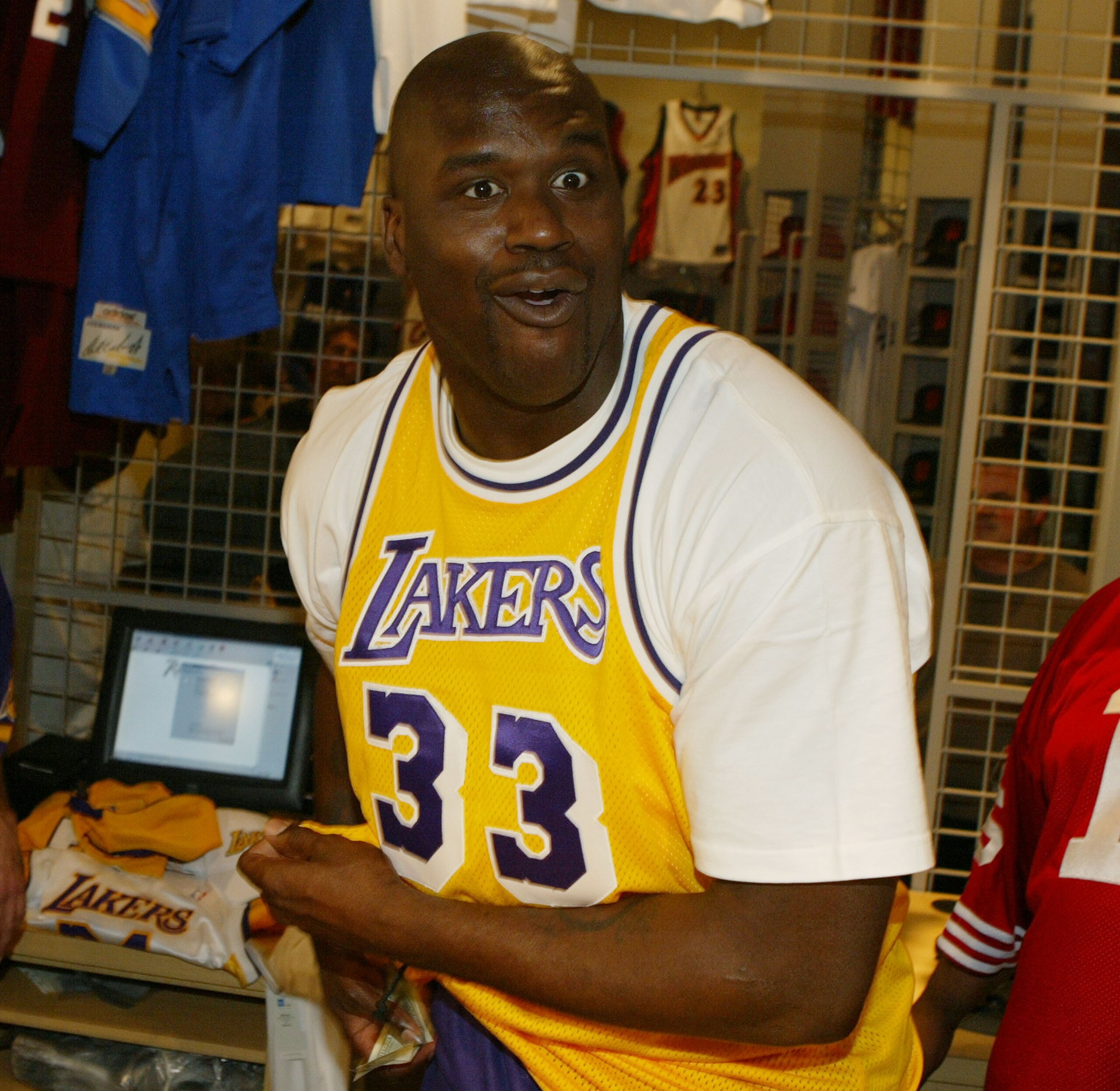 LOS ANGELES - MARCH 6:  Los Angeles Lakers Shaquille O'Neal on his 32nd birthday opens the Team LA Superstore on Universal Studios Citywalk March 6, 2004 in Los Angeles, in California.  (Photo by Mark Mainz/Getty Images)