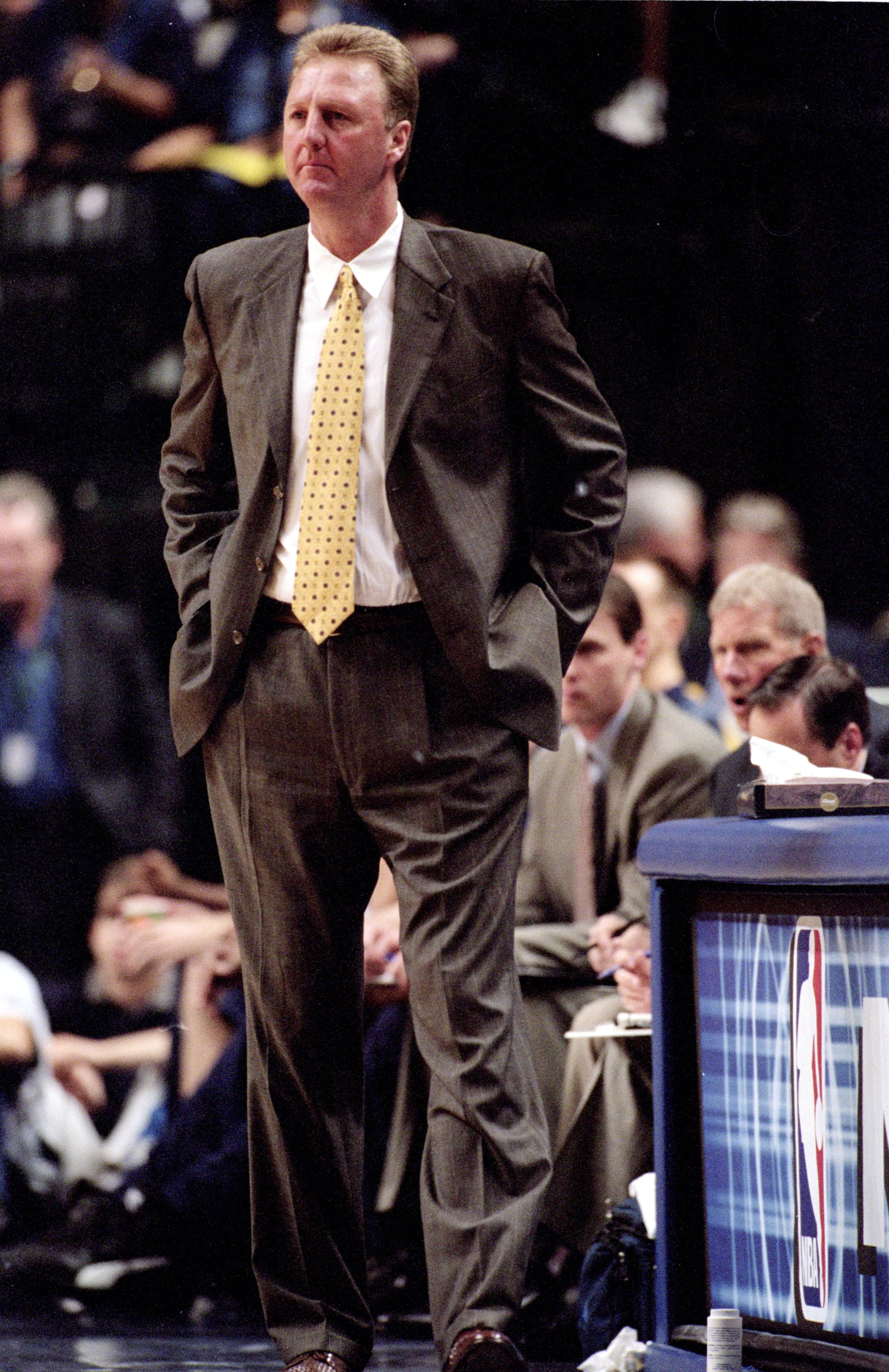 8 May 2000:  Head Coach Larry Bird  of the Indiana Pacers watches the action from the sidelines during the NBA Playoff Round Two Game against the Philadelphia 76ers  at the Conseco Fieldhouse in Indianapolis, Indiana. The Pacers defeated the 76ers 103-97.