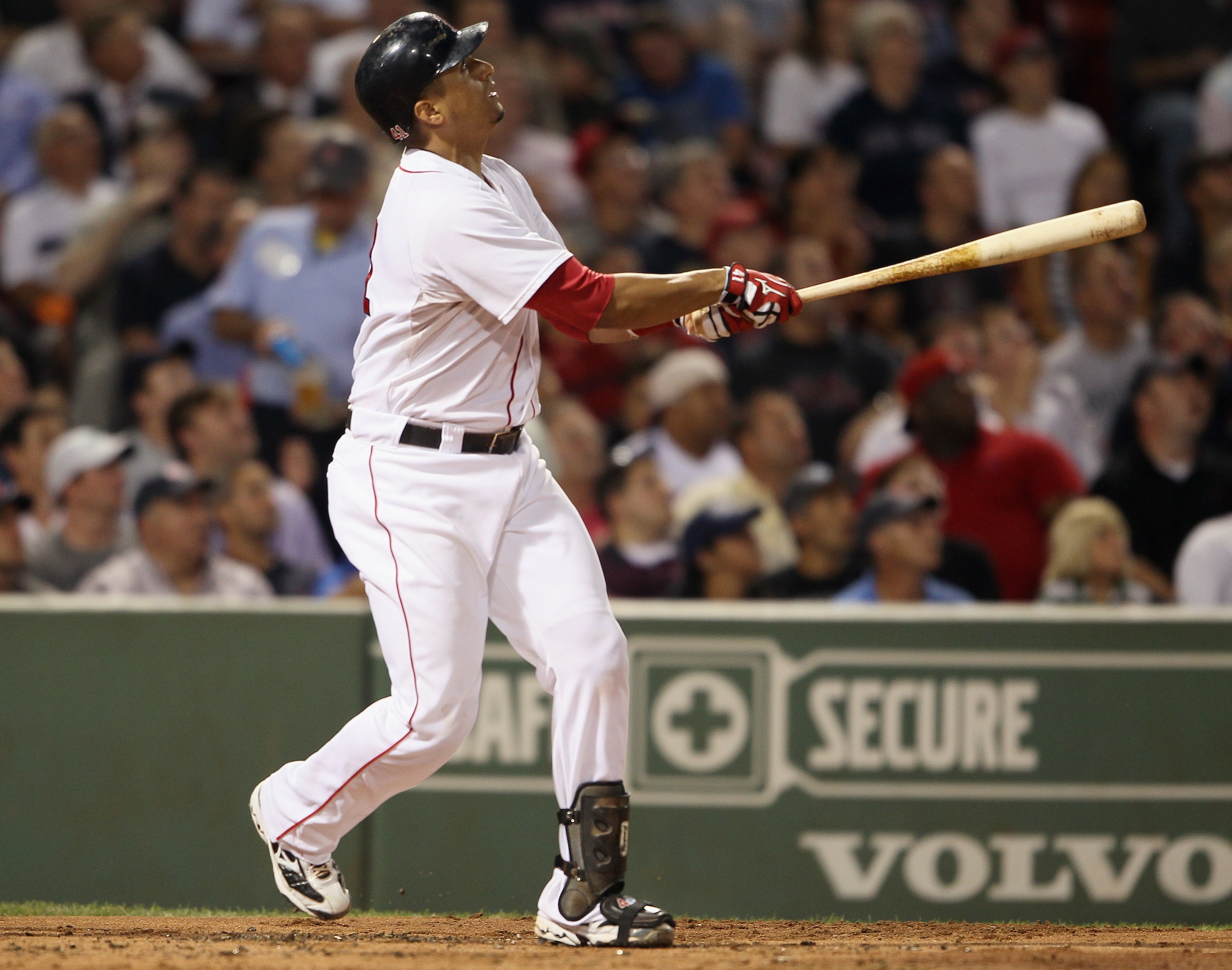 BOSTON - SEPTEMBER 07: Victor Martinez #41 of the Boston Red Sox hits a 2RBI double in the first inning against the Tampa Bay Rays on September 7, 2010 at Fenway Park in Boston, Massachusetts.  (Photo by Elsa/Getty Images)