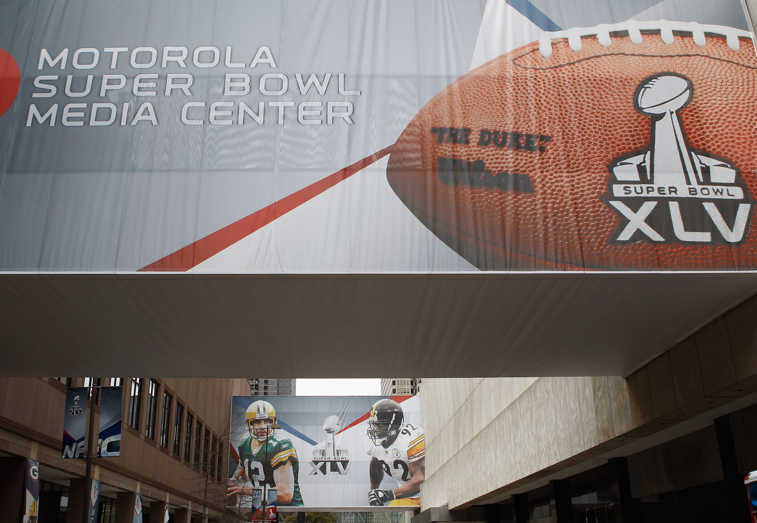 DALLAS, TX - FEBRUARY 02:  A Super Bowl XLV banner is displayed downtown on February 2, 2011 in Dallas, Texas. The Green Bay Packers will play the Pittsburgh Steelers in Super Bowl XLV on February 6, 2011 at Cowboys Stadium in Arlington, Texas.  (Photo by