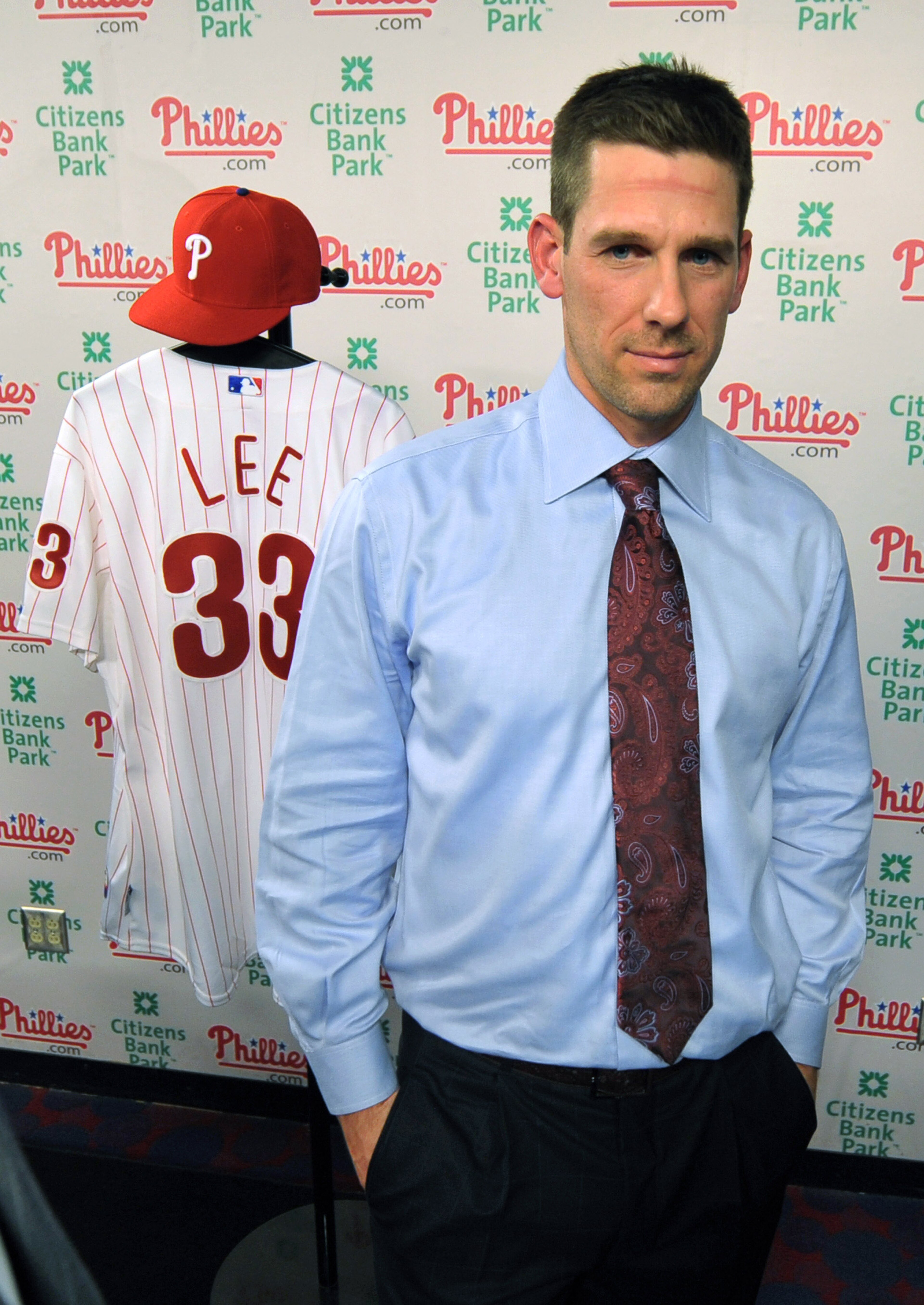 PHILADELPHIA - DECEMBER 15: Pitcher Cliff Lee #33 of the Philadelphia Phillies waits to be interviewed after being introduced to the media during a press conference at Citizens Bank Park on December 15, 2010 in Philadelphia, Pennsylvania. (Photo by Drew H PHILADELPHIA - DECEMBER 15: Pitcher Cliff Lee #33 of the Philadelphia Phillies waits to be interviewed after being introduced to the media during a press conference at Citizens Bank Park on December 15, 2010 in Philadelphia, Pennsylvania. (Photo by Drew H
