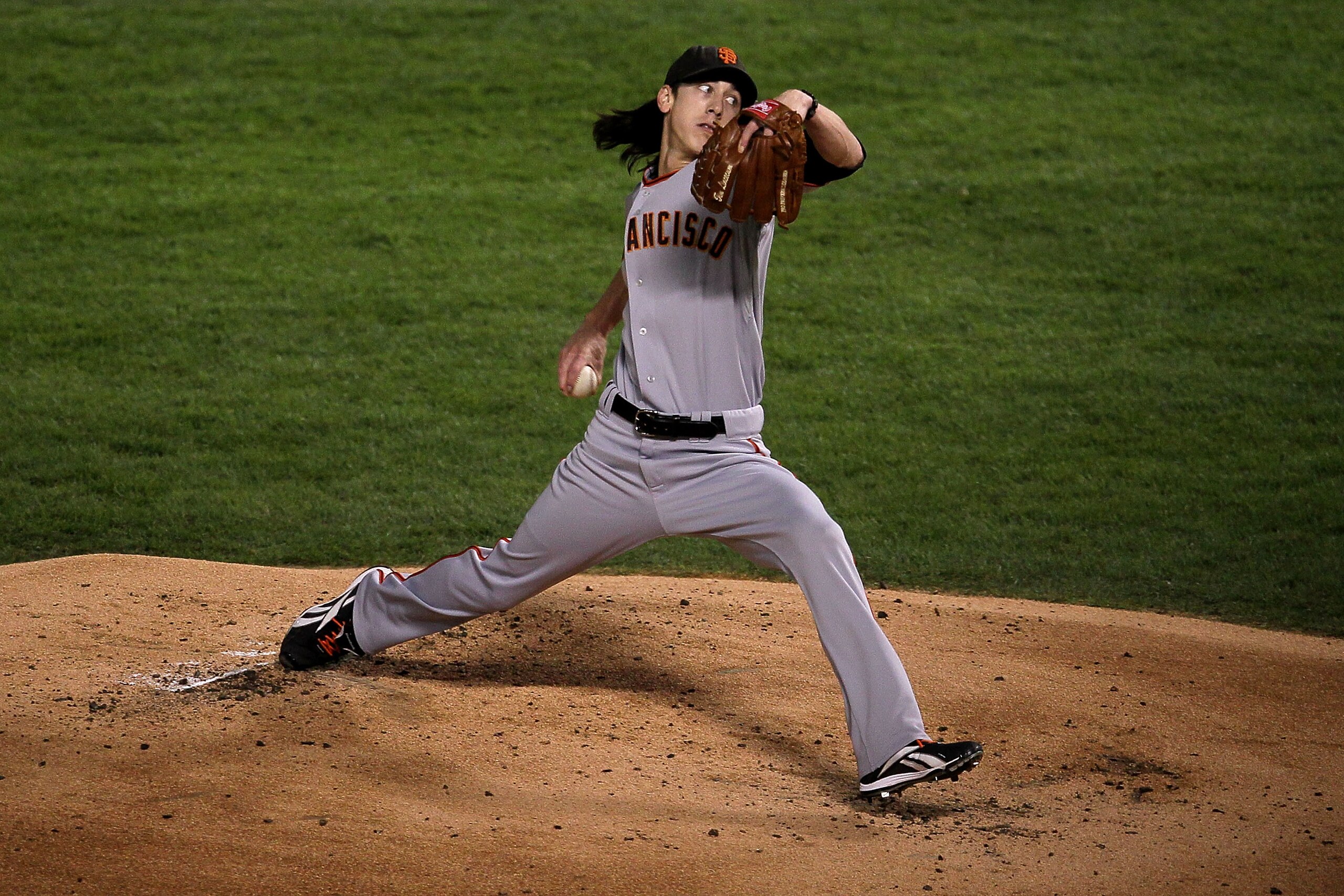 ARLINGTON, TX - NOVEMBER 01:  Starting pitcher Tim Lincecum #55 of the San Francisco Giants pitches against the Texas Rangers in Game Five of the 2010 MLB World Series at Rangers Ballpark in Arlington on November 1, 2010 in Arlington, Texas. The Giants wo