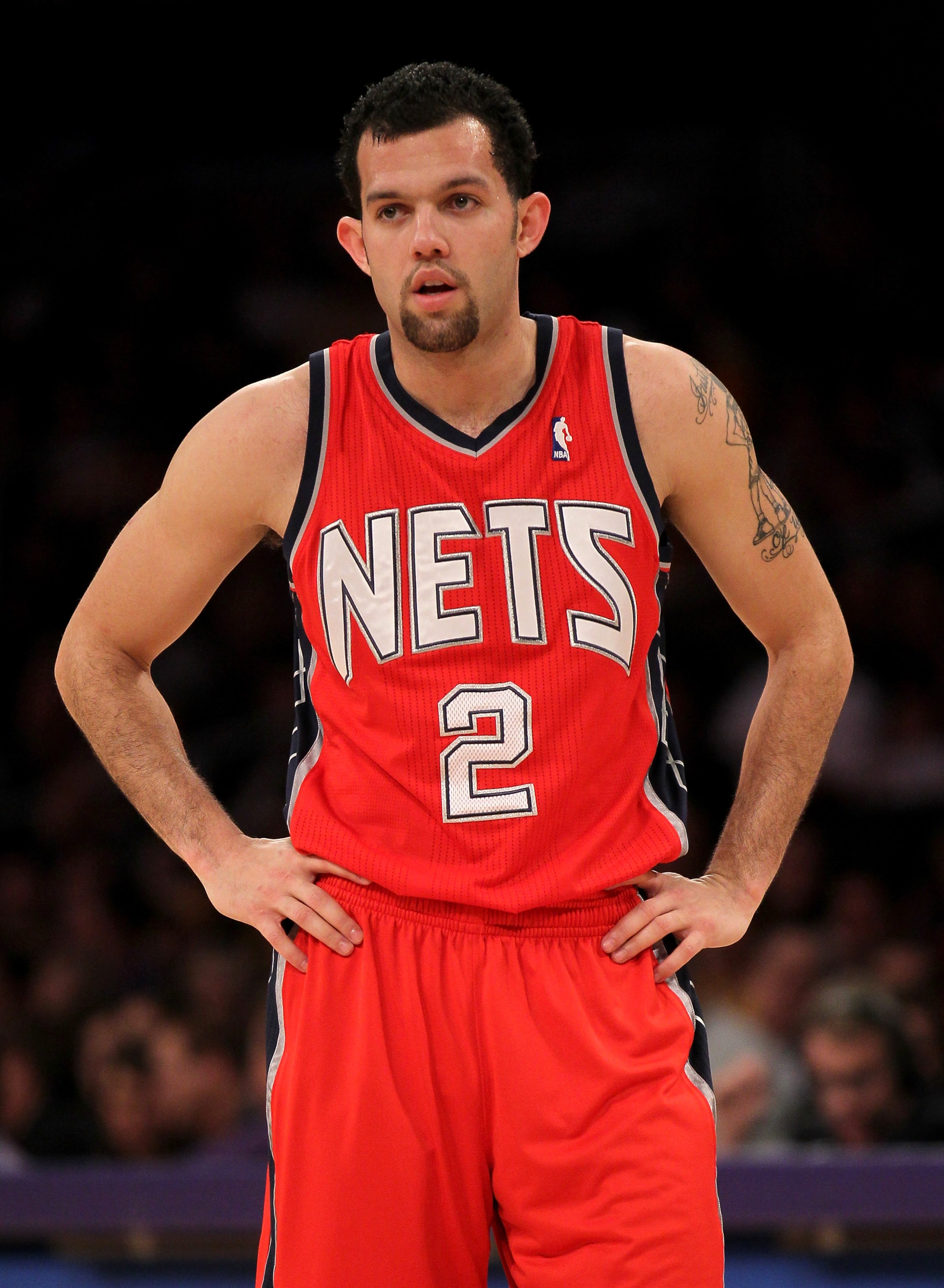 LOS ANGELES, CA - JANUARY 14:  Jordan Farmar #2 of the New Jersey Netsstands on the court in the game against the Los Angeles Lakers at Staples Center on January 14, 2011 in Los Angeles, California. The Lakers won 100-88.  NOTE TO USER: User expressly ack