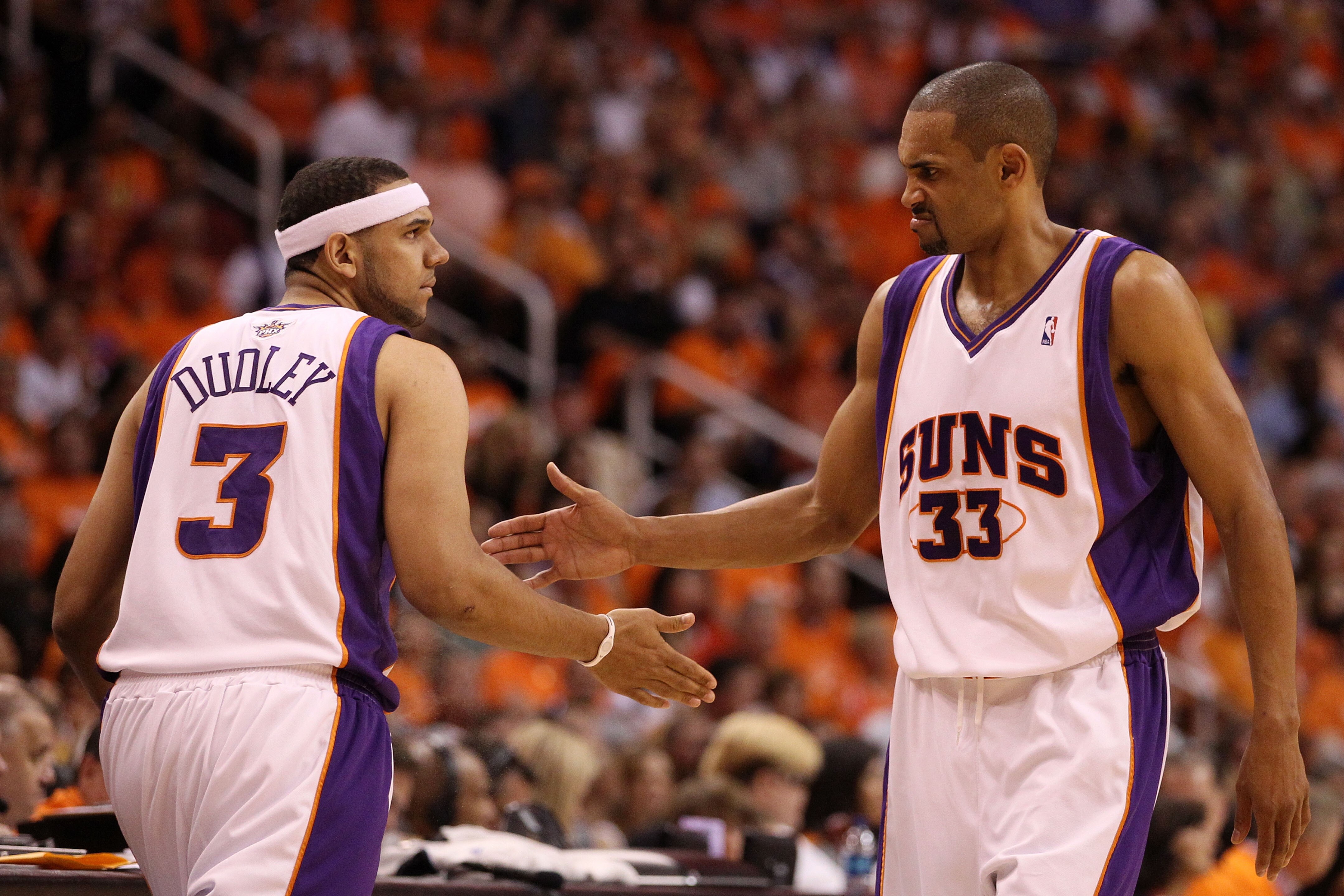 PHOENIX - MAY 29:  Jared Dudley #3 and Grant Hill #33 of the Phoenix Suns celebrate after a play against the Los Angeles Lakers in the first quarter of Game Six of the Western Conference Finals during the 2010 NBA Playoffs at US Airways Center on May 29, 