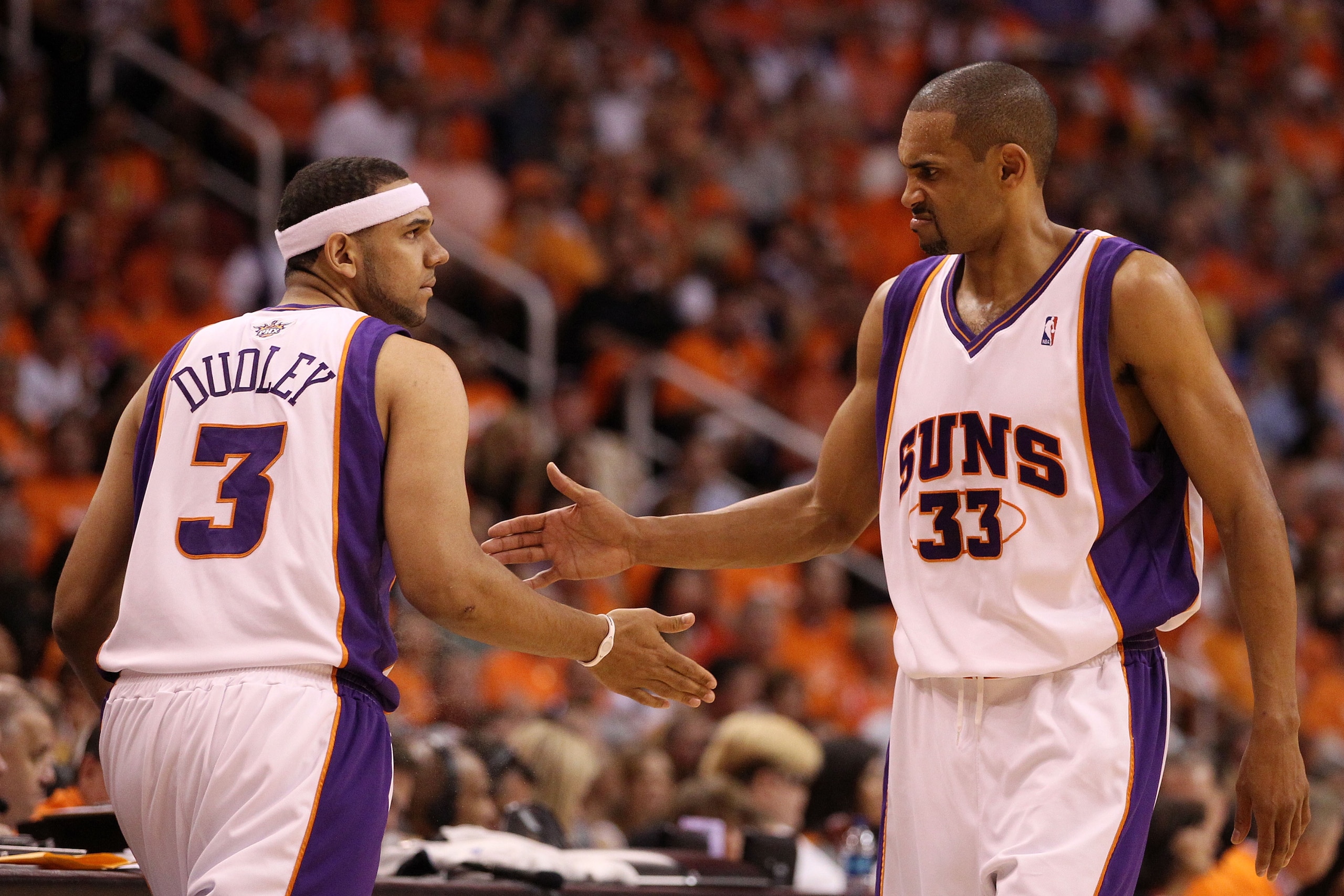 PHOENIX - MAY 29:  Jared Dudley #3 and Grant Hill #33 of the Phoenix Suns celebrate after a play against the Los Angeles Lakers in the first quarter of Game Six of the Western Conference Finals during the 2010 NBA Playoffs at US Airways Center on May 29, 