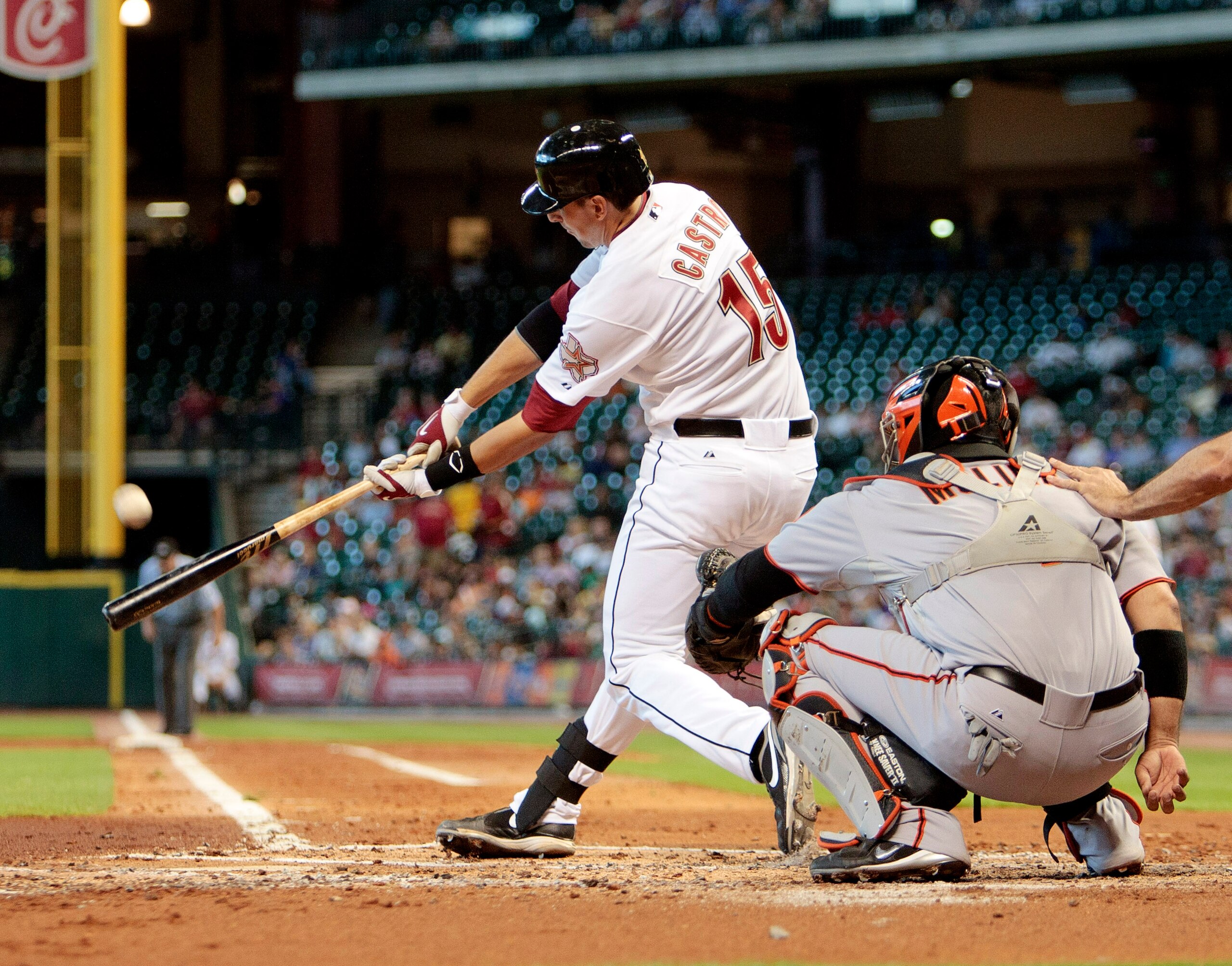HOUSTON - JUNE 24: Jason Casto #15 of the Houston Astros hits a home run to right field in the second inning against the San Francisco Giants at Minute Maid Park on June 24, 2010 in Houston, Texas. (Photo by Bob Levey/Getty Images) HOUSTON - JUNE 24: Jason Casto #15 of the Houston Astros hits a home run to right field in the second inning against the San Francisco Giants at Minute Maid Park on June 24, 2010 in Houston, Texas. (Photo by Bob Levey/Getty Images)