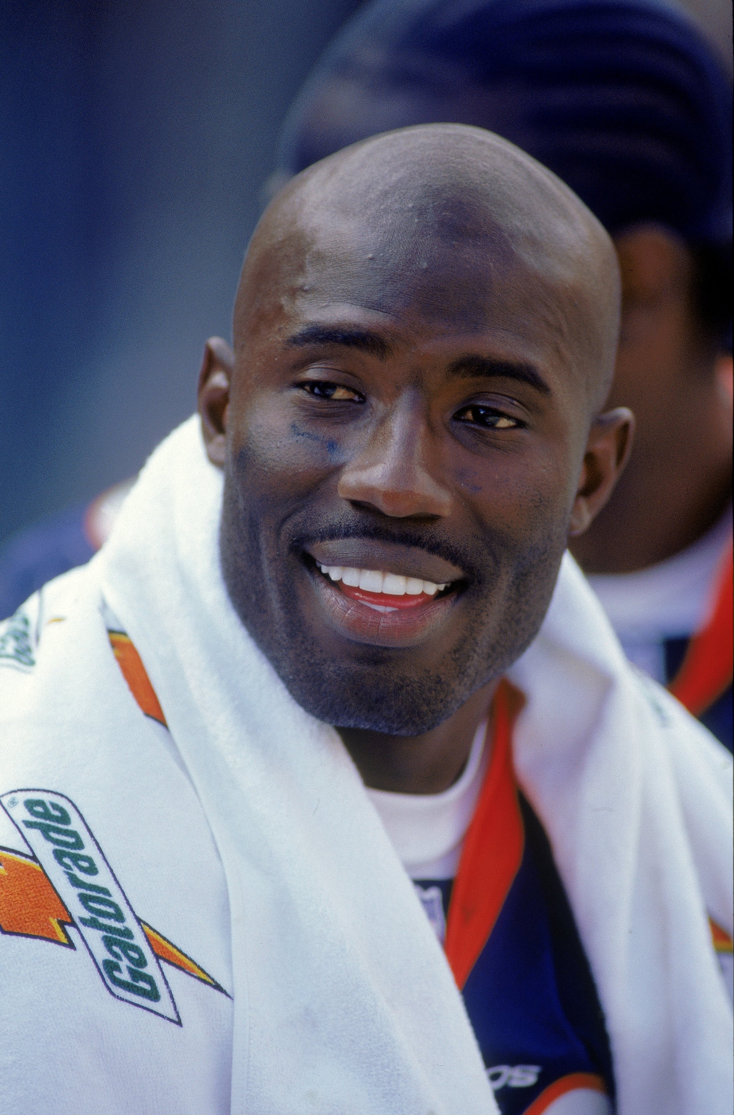 13 Aug 2000:  A close up of Terrell Davis #30 of the Denver Broncos sitting on the bench while smiling and looking on during the pre-season game against the Green Bay Packers at the Mile High Stadium in Denver, Colorado. The Broncos defeated the Packers 2