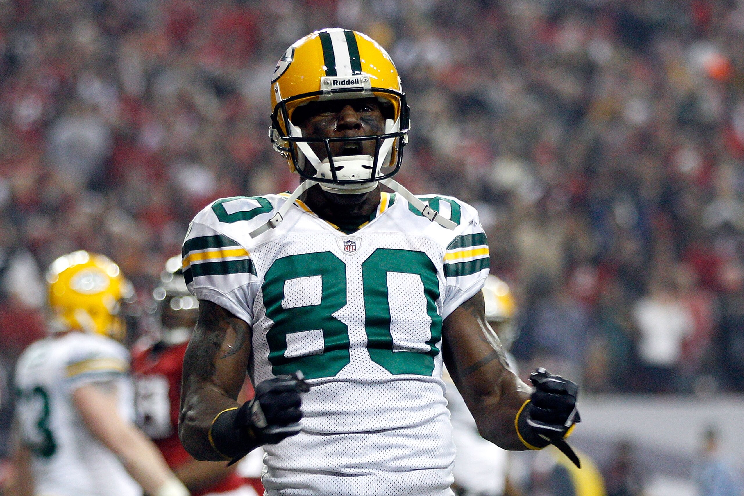 ATLANTA, GA - JANUARY 15:  Donald Driver #80 of the Green Bay Packers reacts after he made a reception against the Atlanta Falcons during their 2011 NFC divisional playoff game at Georgia Dome on January 15, 2011 in Atlanta, Georgia. The Packers won 48-21
