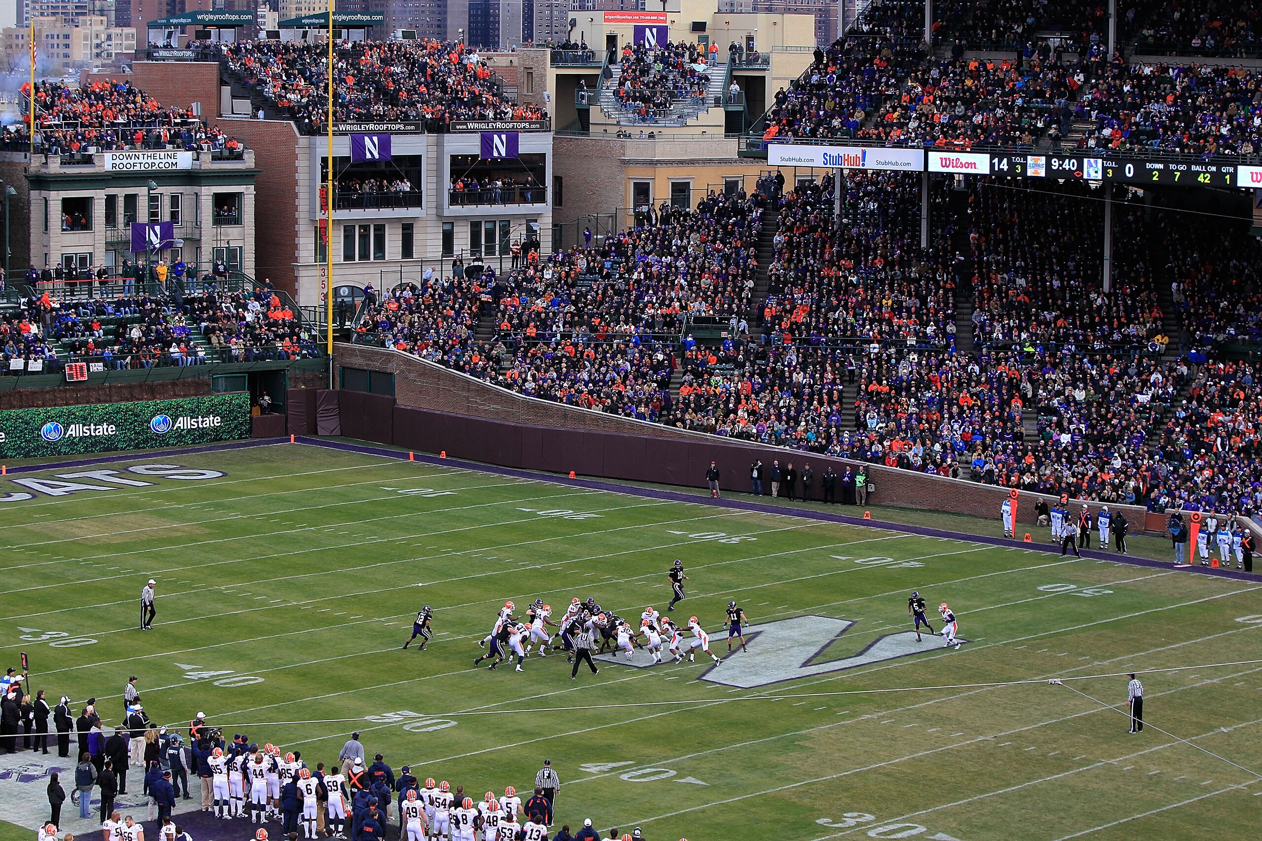 CHICAGO, IL - NOVEMBER 20: A general view as the Northwestern Wildcats take on the Illinois Fighting Illini during a game played at Wrigley Field on November 20, 2010 in Chicago, Illinois. Illinois defeated Northwestern 48-27. (Photo by Jonathan Daniel/Ge CHICAGO, IL - NOVEMBER 20: A general view as the Northwestern Wildcats take on the Illinois Fighting Illini during a game played at Wrigley Field on November 20, 2010 in Chicago, Illinois. Illinois defeated Northwestern 48-27. (Photo by Jonathan Daniel/Ge