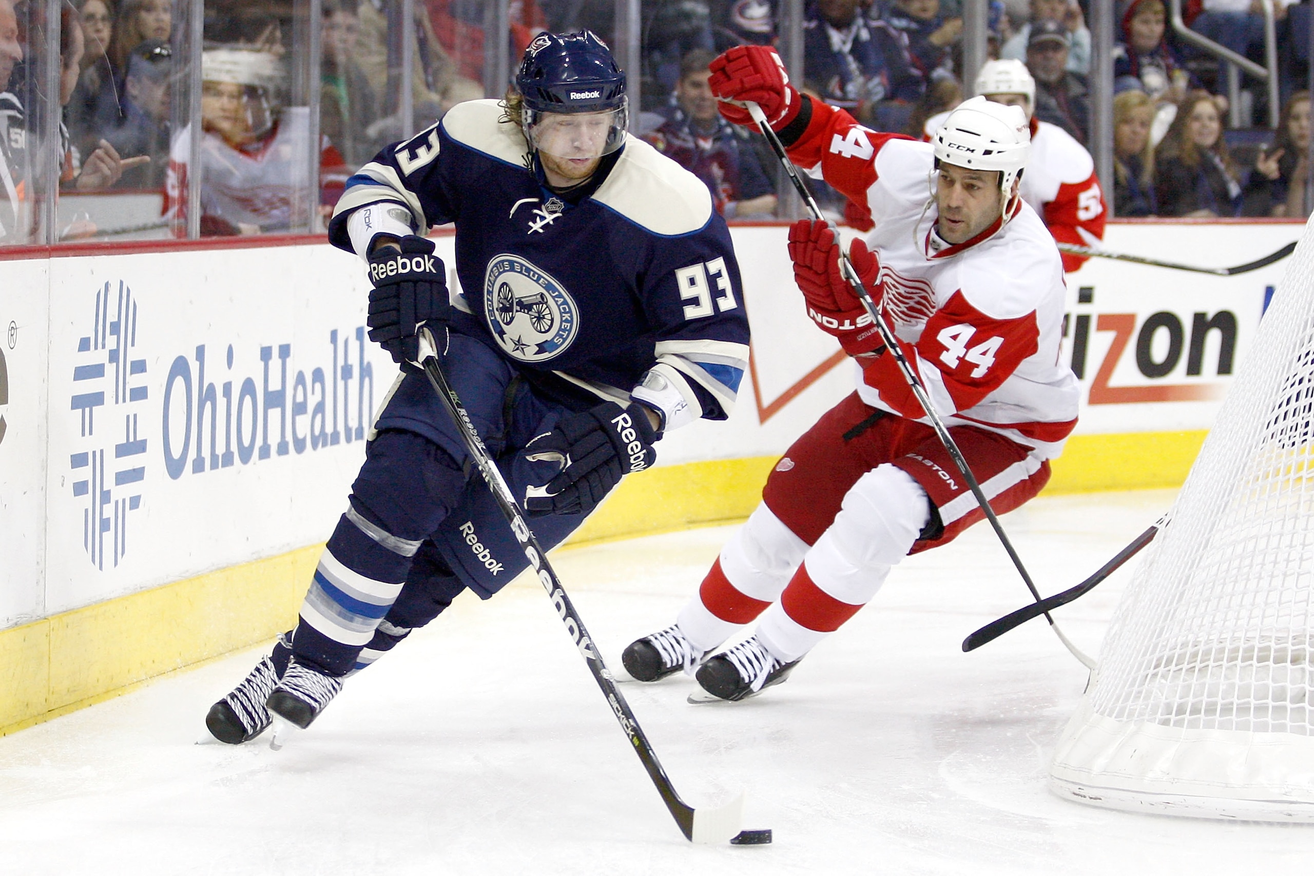 COLUMBUS, OH - JANUARY 14: Jakub Voracek #93 of the Columbus Blue Jackets and Todd Bertuzzi #44 of the Detroit Red Wings chase after a loose puck during the first period on January 14, 2011 at Nationwide Arena in Columbus, Ohio. (Photo by John Grieshop/G COLUMBUS, OH - JANUARY 14: Jakub Voracek #93 of the Columbus Blue Jackets and Todd Bertuzzi #44 of the Detroit Red Wings chase after a loose puck during the first period on January 14, 2011 at Nationwide Arena in Columbus, Ohio. (Photo by John Grieshop/G
