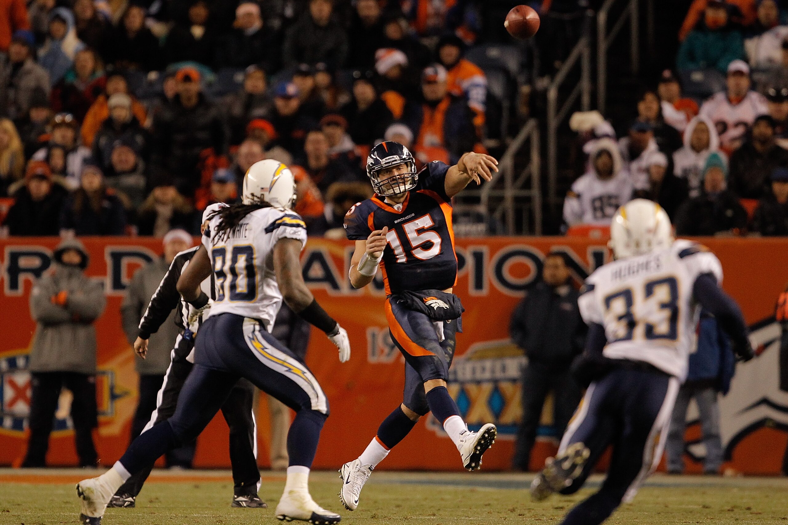 DENVER, CO - JANUARY 2: Quarterback Tim Tebow #15 of the Denver Broncos throws a pass against the San Diego Chargers during the fourth quarter at INVESCO Field at Mile High on January 2, 2011 in Denver, Colorado. (Photo by Justin Edmonds/Getty Images) DENVER, CO - JANUARY 2: Quarterback Tim Tebow #15 of the Denver Broncos throws a pass against the San Diego Chargers during the fourth quarter at INVESCO Field at Mile High on January 2, 2011 in Denver, Colorado. (Photo by Justin Edmonds/Getty Images)