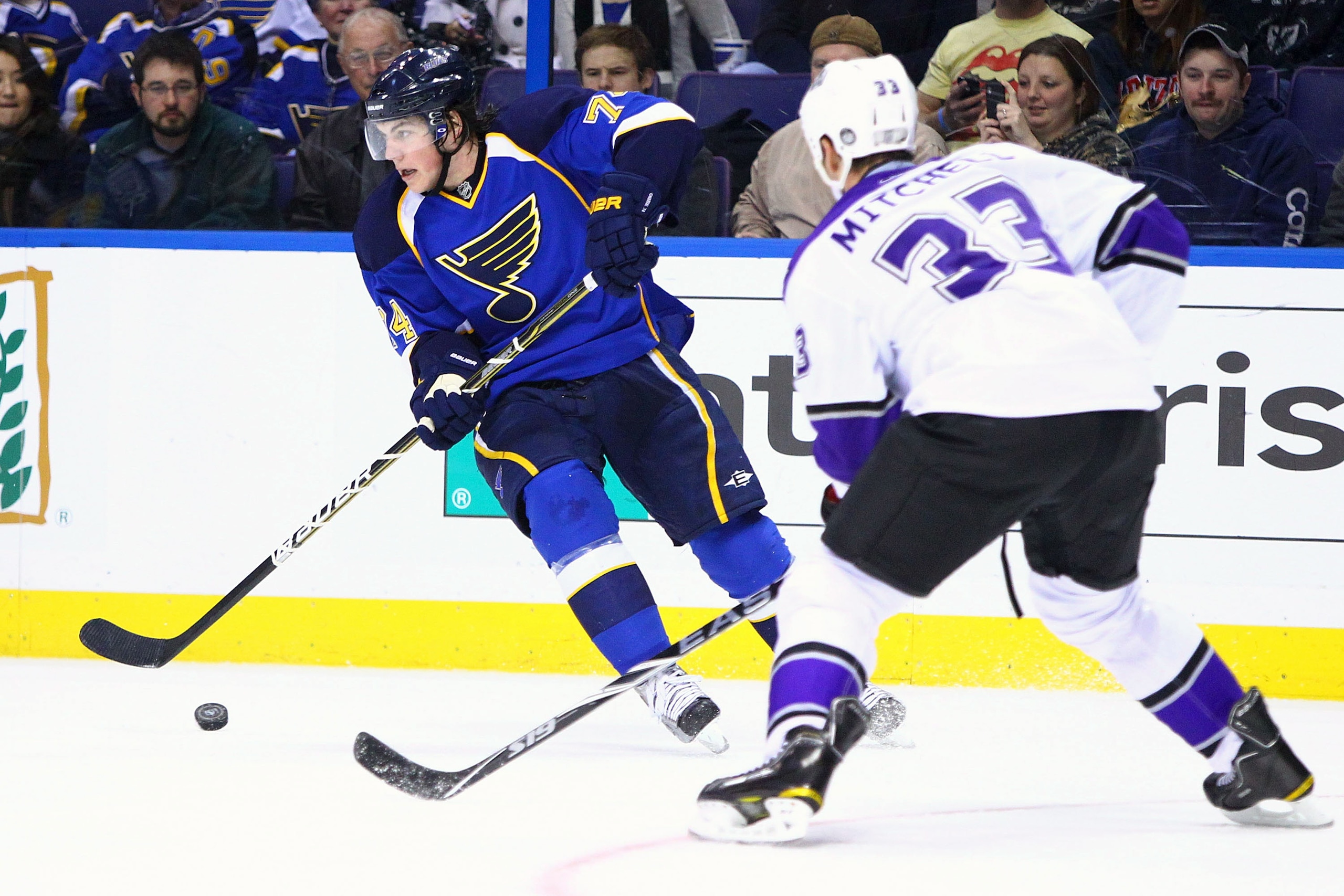 ST. LOUIS, MO - JANUARY 18: T.J. Oshie #74 of the St. Louis Blues looks to pass the puck against the Los Angeles Kings at the Scottrade Center on January 18, 2011 in St. Louis, Missouri. (Photo by Dilip Vishwanat/Getty Images) ST. LOUIS, MO - JANUARY 18: T.J. Oshie #74 of the St. Louis Blues looks to pass the puck against the Los Angeles Kings at the Scottrade Center on January 18, 2011 in St. Louis, Missouri. (Photo by Dilip Vishwanat/Getty Images)