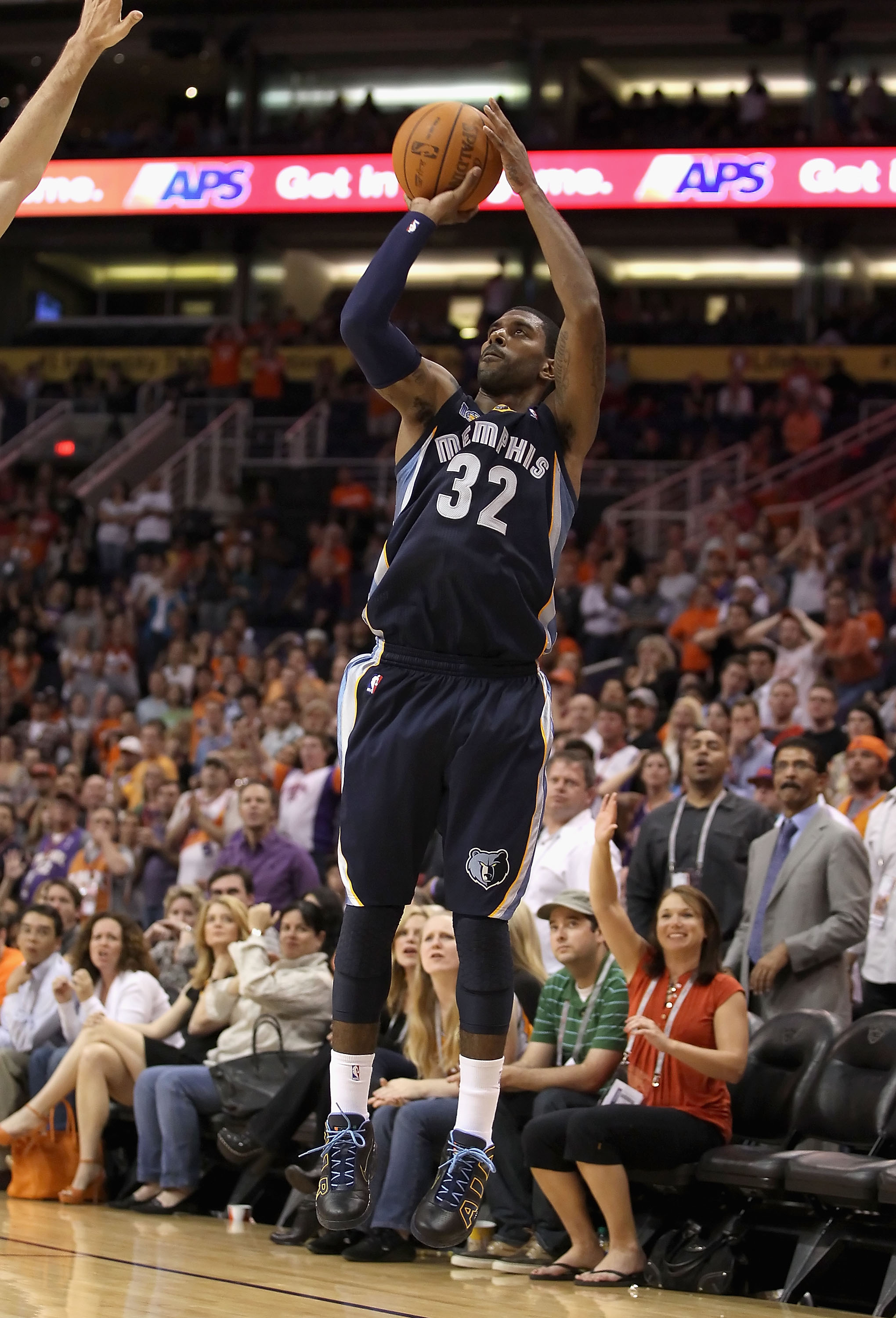 PHOENIX - NOVEMBER 05:  O.J. Mayo #32 of the Memphis Grizzlies puts up a shot during the NBA game against the Phoenix Suns at US Airways Center on November 5, 2010 in Phoenix, Arizona. NOTE TO USER: User expressly acknowledges and agrees that, by download