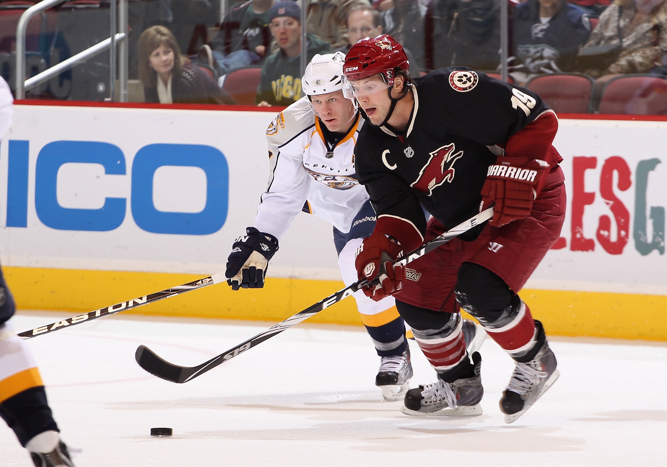 GLENDALE, AZ - JANUARY 18: Shane Doan #19 of the Phoenix Coyotes skates with the puck during the NHL game against the Nashville Predators at Jobing.com Arena on January 18, 2011 in Glendale, Arizona. The Predators defeated the Coyotes 5-2. (Photo by Ch GLENDALE, AZ - JANUARY 18: Shane Doan #19 of the Phoenix Coyotes skates with the puck during the NHL game against the Nashville Predators at Jobing.com Arena on January 18, 2011 in Glendale, Arizona. The Predators defeated the Coyotes 5-2. (Photo by Ch