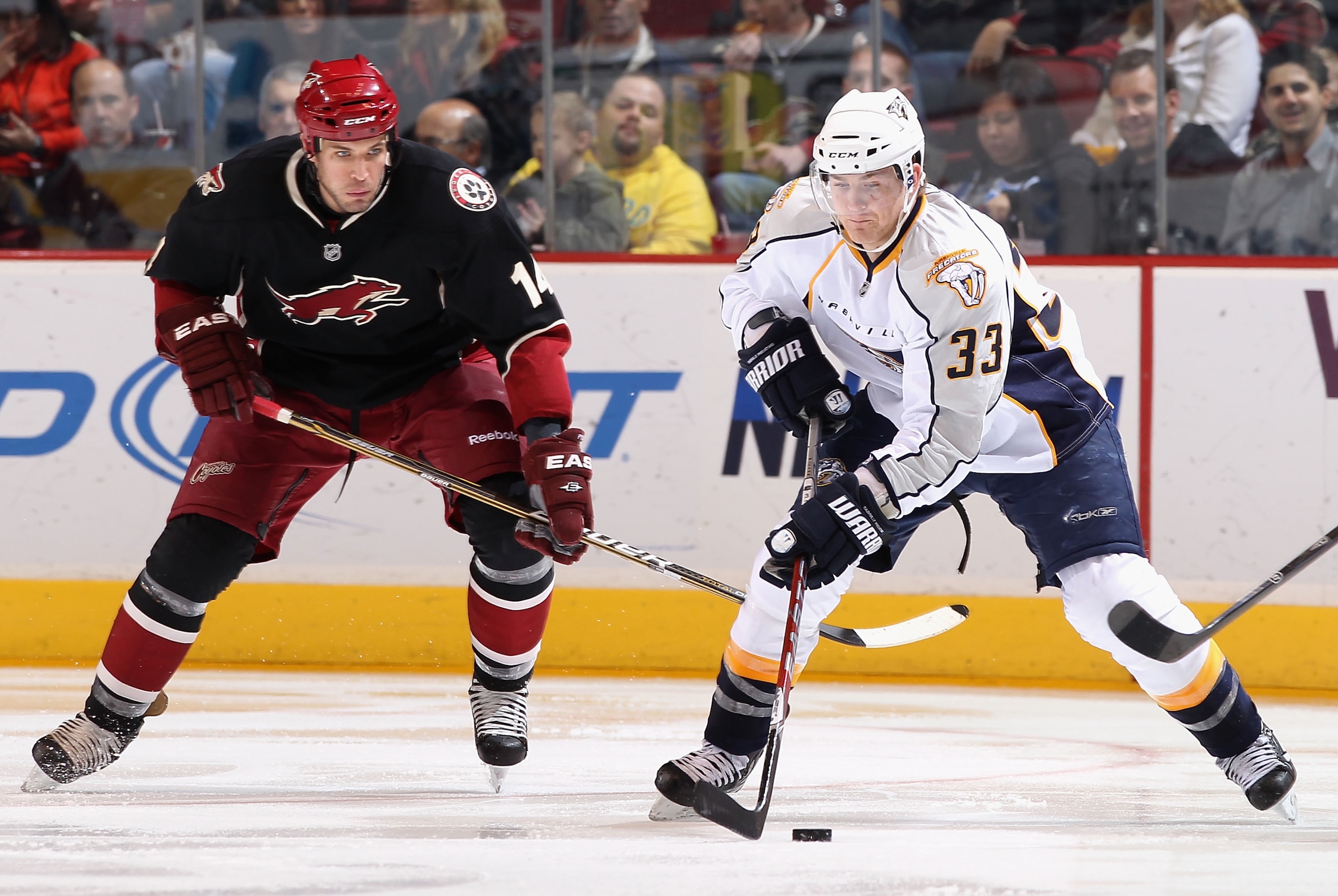 GLENDALE, AZ - JANUARY 18: Colin Wilson #33 of the Nashville Predators skates with the puck during the NHL game against the Phoenix Coyotes at Jobing.com Arena on January 18, 2011 in Glendale, Arizona. The Predators defeated the Coyotes 5-2. (Photo by GLENDALE, AZ - JANUARY 18: Colin Wilson #33 of the Nashville Predators skates with the puck during the NHL game against the Phoenix Coyotes at Jobing.com Arena on January 18, 2011 in Glendale, Arizona. The Predators defeated the Coyotes 5-2. (Photo by