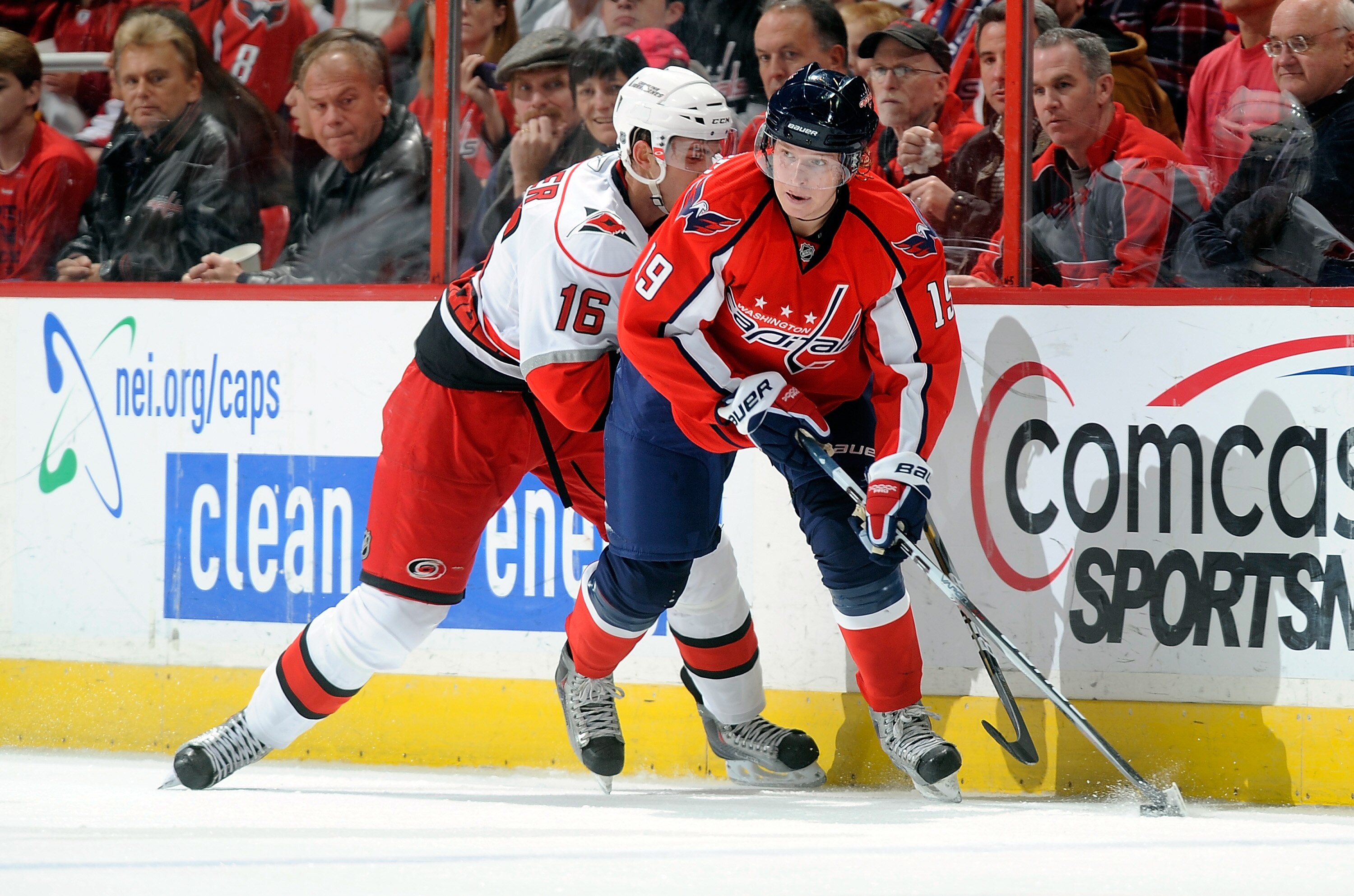 WASHINGTON - NOVEMBER 28:  Nicklas Backstrom #19 of the Washington Capitals controls the puck against Brandon Sutter #16 of the Carolina Hurricanes at the Verizon Center on November 28, 2010 in Washington, DC.  (Photo by Greg Fiume/Getty Images)