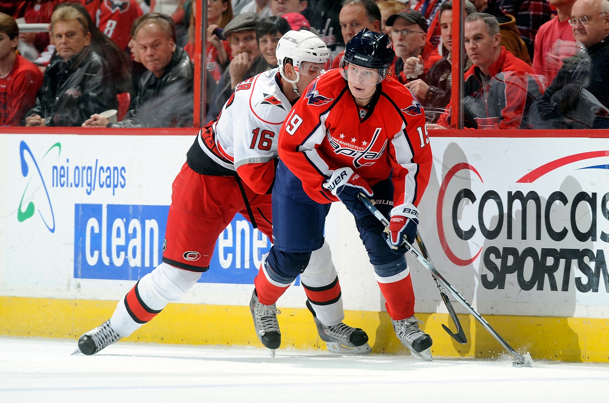 WASHINGTON - NOVEMBER 28: Nicklas Backstrom #19 of the Washington Capitals controls the puck against Brandon Sutter #16 of the Carolina Hurricanes at the Verizon Center on November 28, 2010 in Washington, DC. (Photo by Greg Fiume/Getty Images) WASHINGTON - NOVEMBER 28: Nicklas Backstrom #19 of the Washington Capitals controls the puck against Brandon Sutter #16 of the Carolina Hurricanes at the Verizon Center on November 28, 2010 in Washington, DC. (Photo by Greg Fiume/Getty Images)