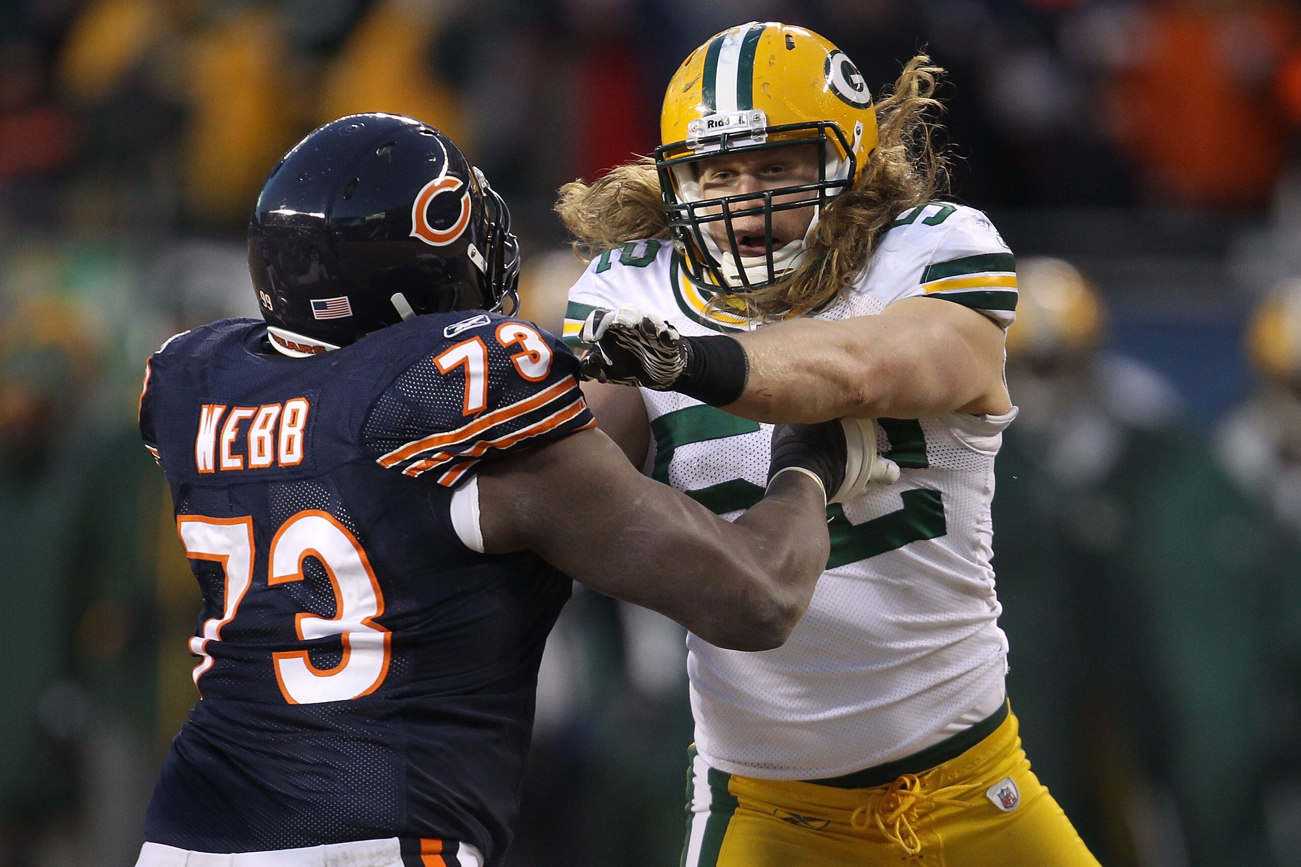 CHICAGO, IL - JANUARY 23:  Linebacker Clay Matthews #52 of the Green Bay Packers is blocked by J'Marcus Webb #73 of the Chicago Bears in the NFC Championship Game at Soldier Field on January 23, 2011 in Chicago, Illinois.  (Photo by Jonathan Daniel/Getty