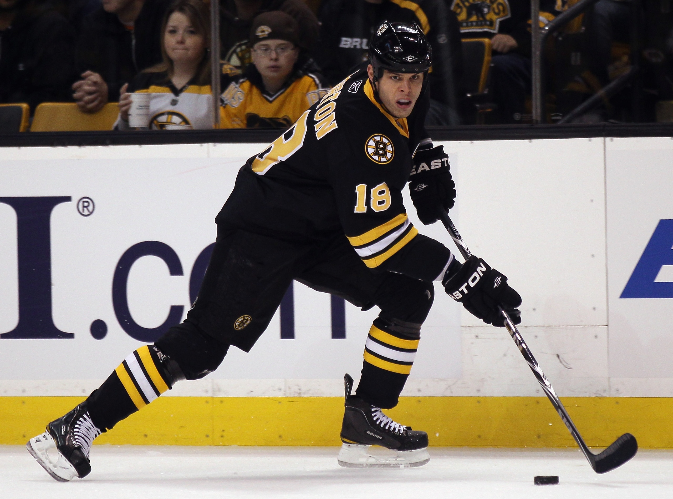 BOSTON, MA - NOVEMBER 26: Nathan Horton #18 of the Boston Bruins takes the puck against the Carolina Hurricanes on November 26, 2010 at the TD Garden in Boston, Massachusetts. (Photo by Elsa/Getty Images) BOSTON, MA - NOVEMBER 26: Nathan Horton #18 of the Boston Bruins takes the puck against the Carolina Hurricanes on November 26, 2010 at the TD Garden in Boston, Massachusetts. (Photo by Elsa/Getty Images)