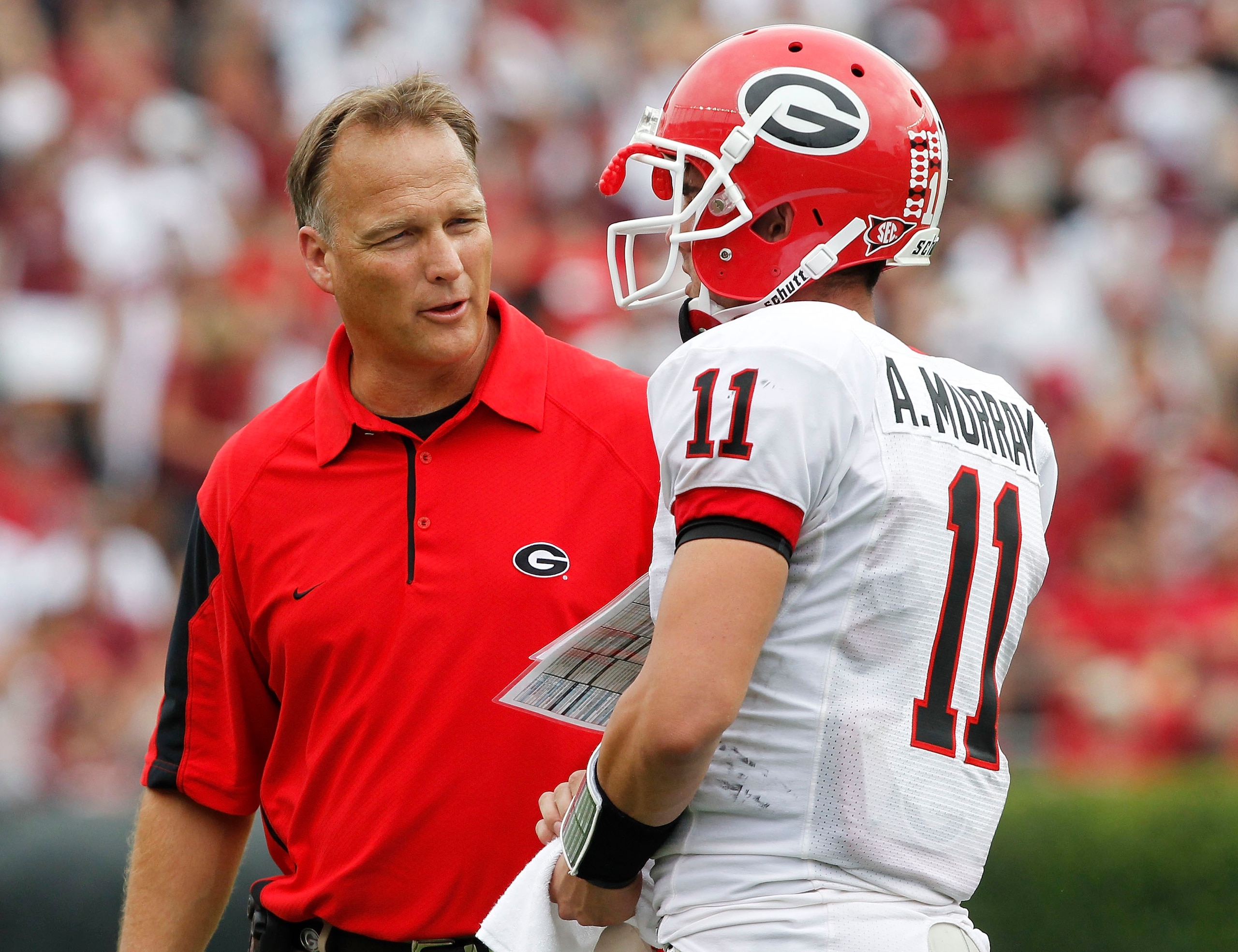 COLUMBIA, SC - SEPTEMBER 11: Head coach Mark Richt of the Georgia Bulldogs speaks with quarterback Aaron Murray #11 during the game against the South Carolina Gamecocks at Williams-Brice Stadium on September 11, 2010 in Columbia, South Carolina. The Gamec COLUMBIA, SC - SEPTEMBER 11: Head coach Mark Richt of the Georgia Bulldogs speaks with quarterback Aaron Murray #11 during the game against the South Carolina Gamecocks at Williams-Brice Stadium on September 11, 2010 in Columbia, South Carolina. The Gamec