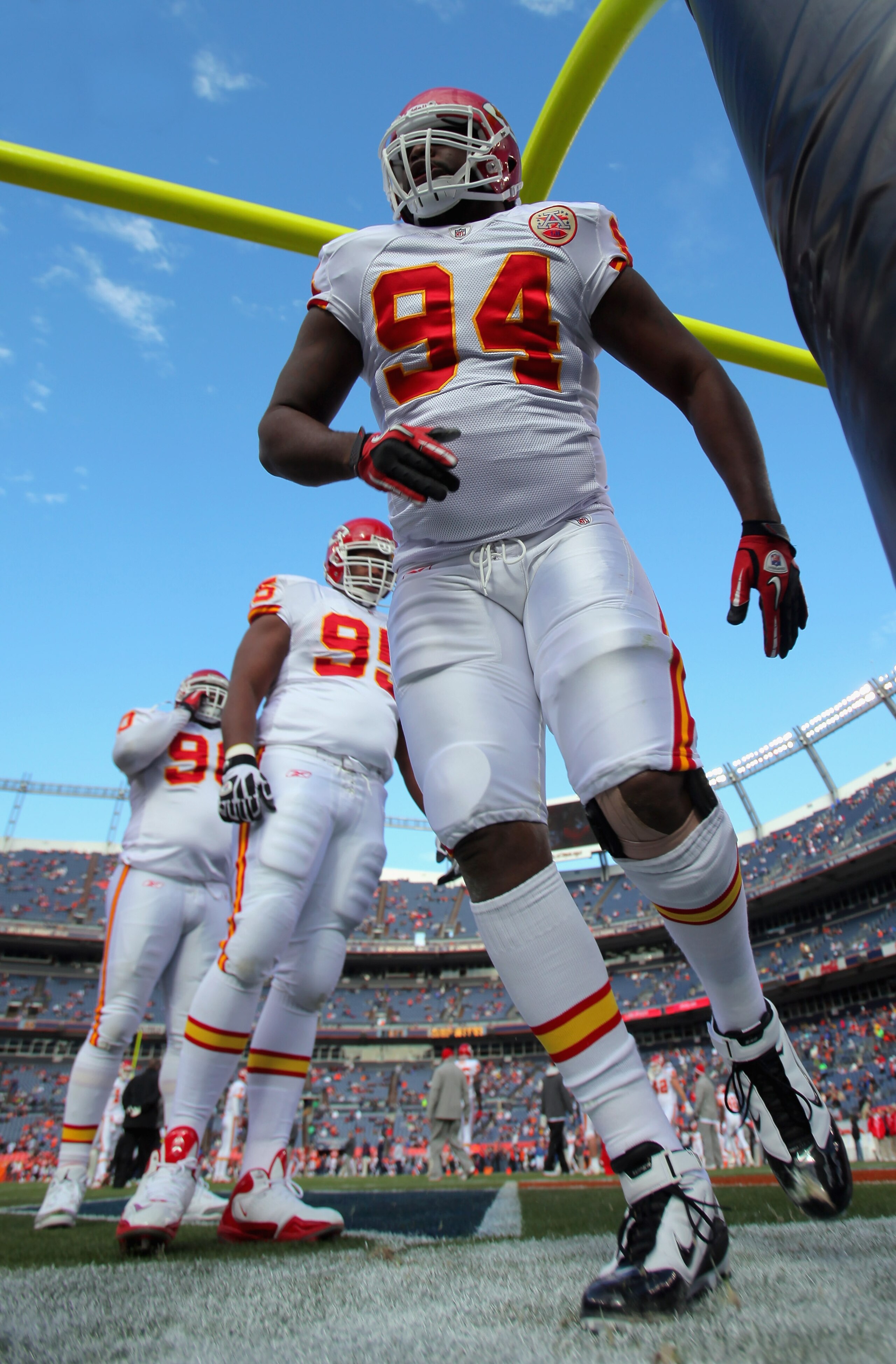 DENVER - NOVEMBER 14:  Defensive end Tyson Jackson #94 of the Kansas City Chiefs warms up prior to facing the Denver Bronco at INVESCO Field at Mile High on November 14, 2010 in Denver, Colorado. The Broncos defeated the Chiefs 49-29.  (Photo by Doug Pens